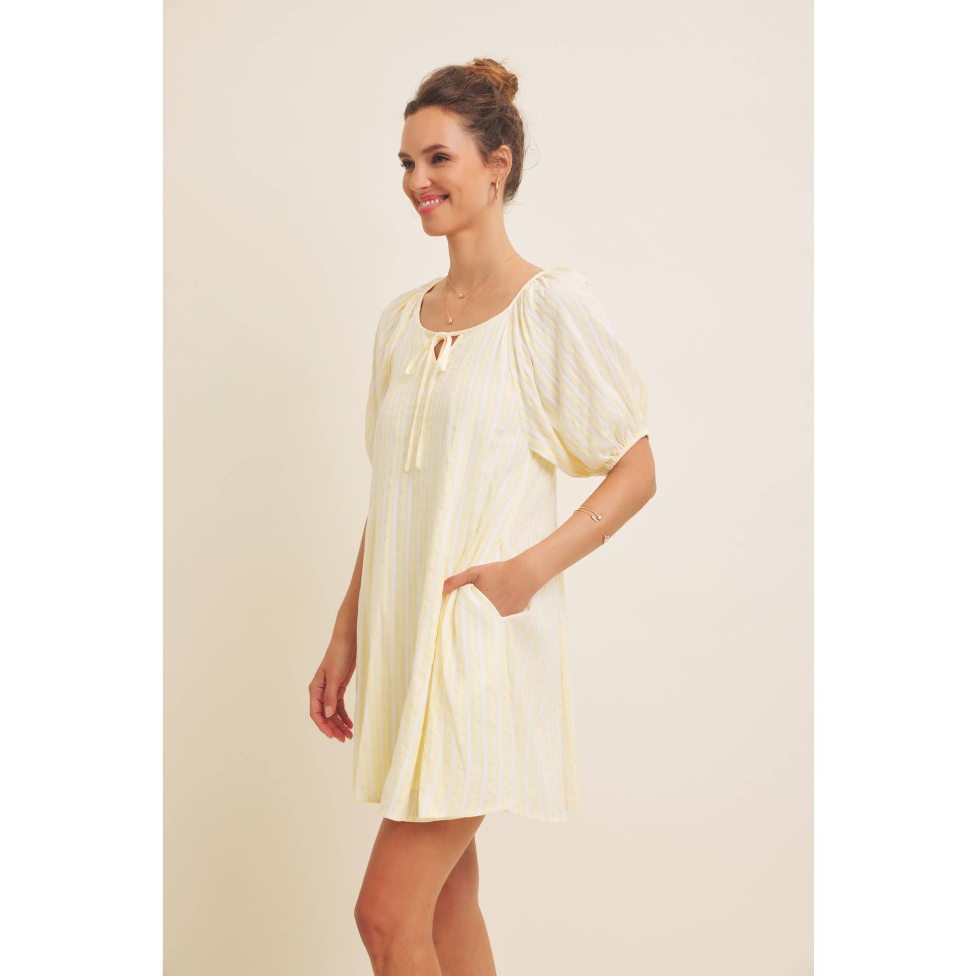 Lemon Textured Stripe Flare Dress