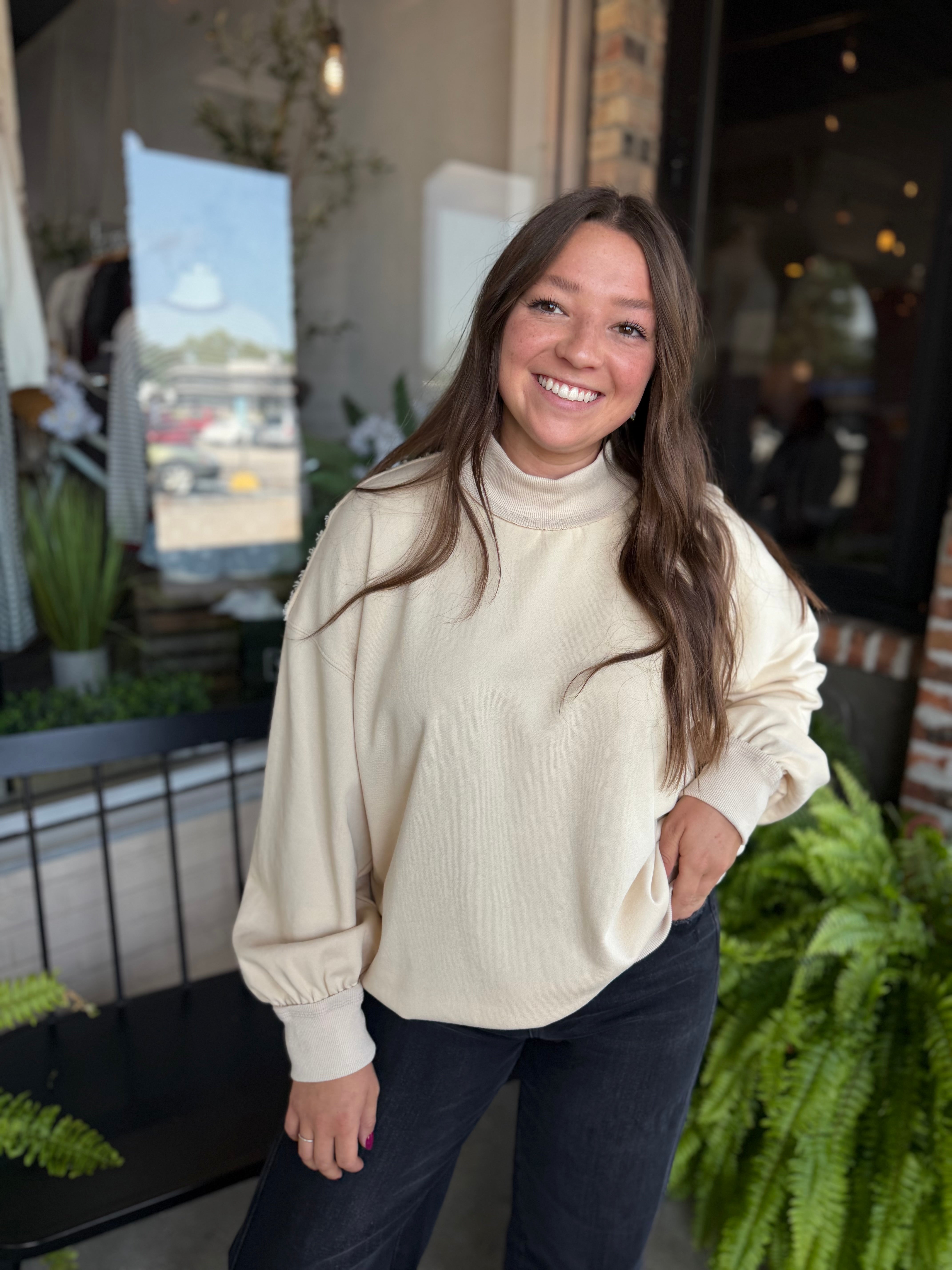 Cream Oversized Mock Neck Sweatshirt