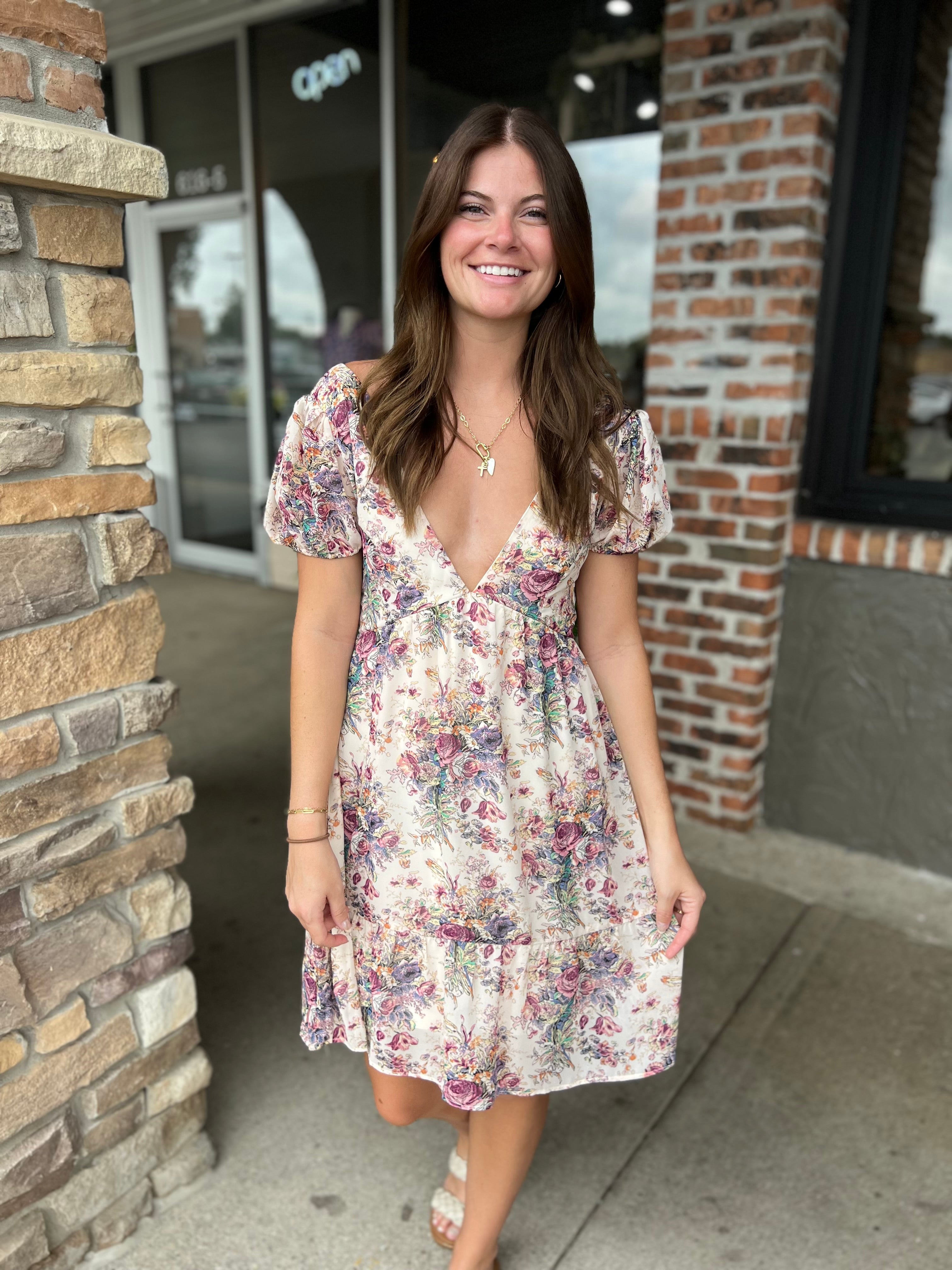 Cream Floral Back Tie Dress