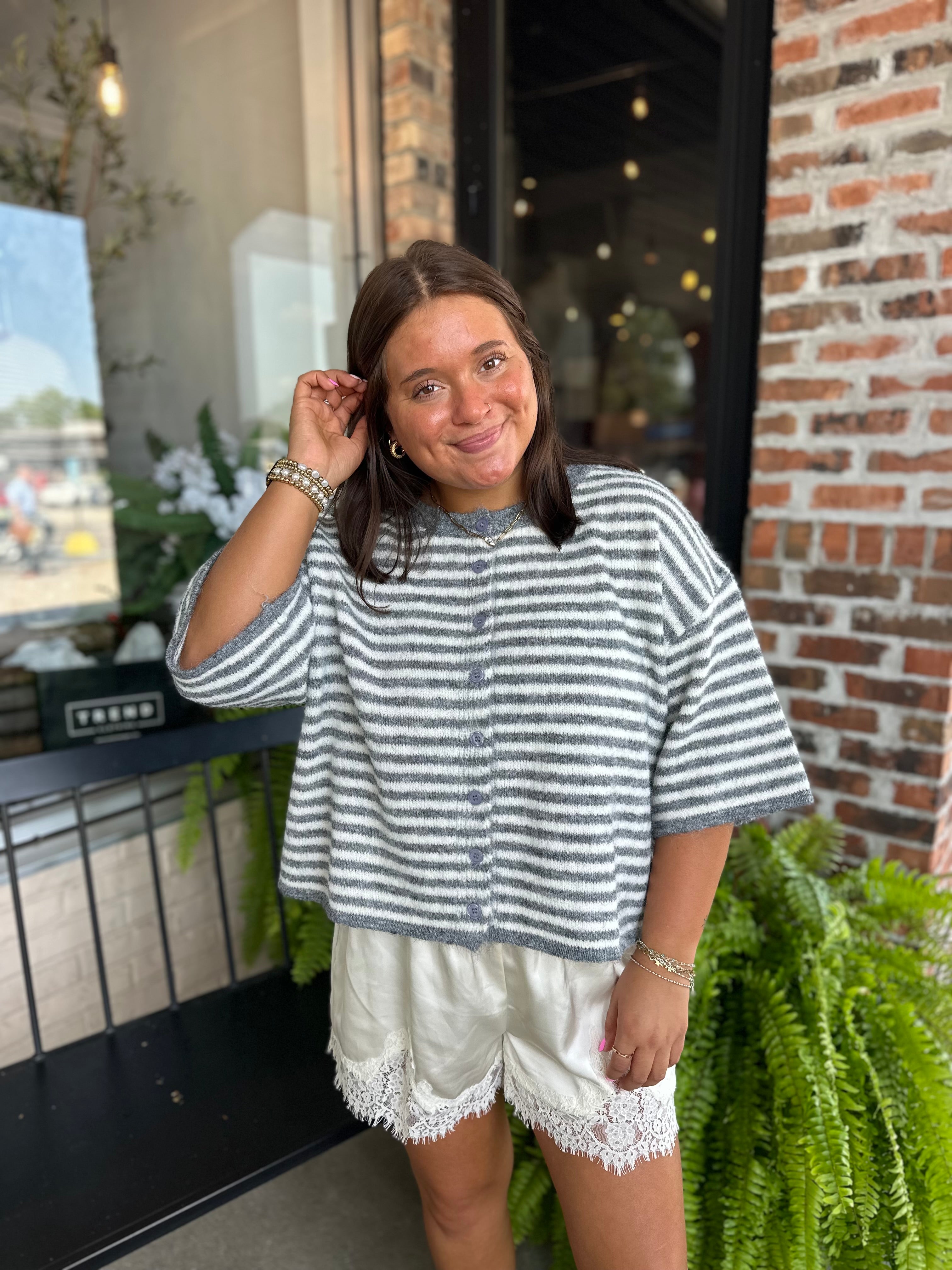 Grey Striped Cropped Soft Knit Cardigan