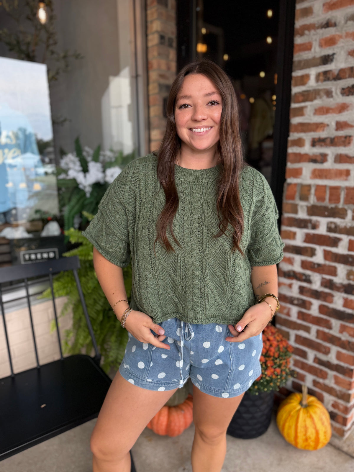 Green Knit Short Sleeve Sweater