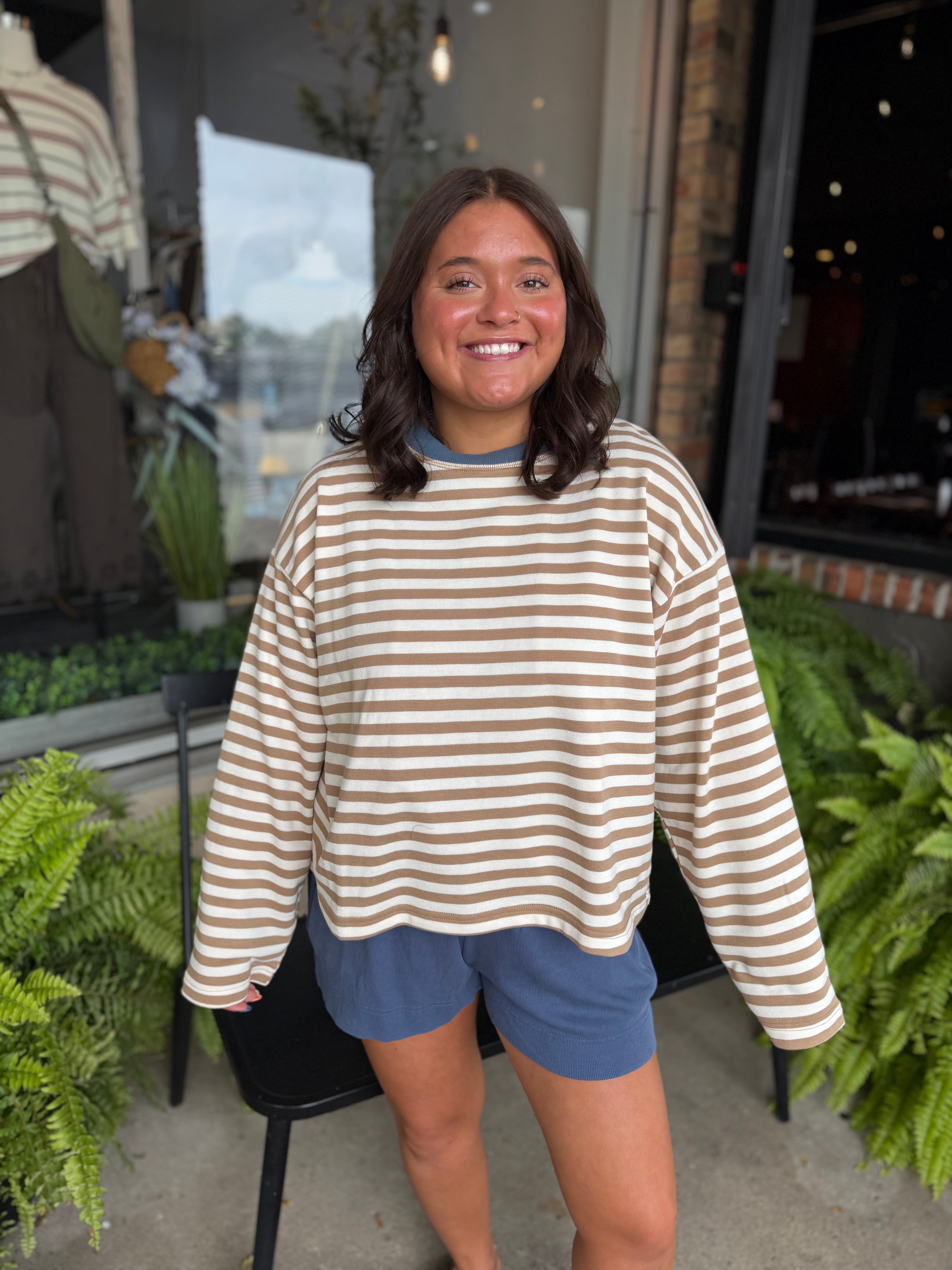Tan Stripe Boxy Knit Long Sleeve