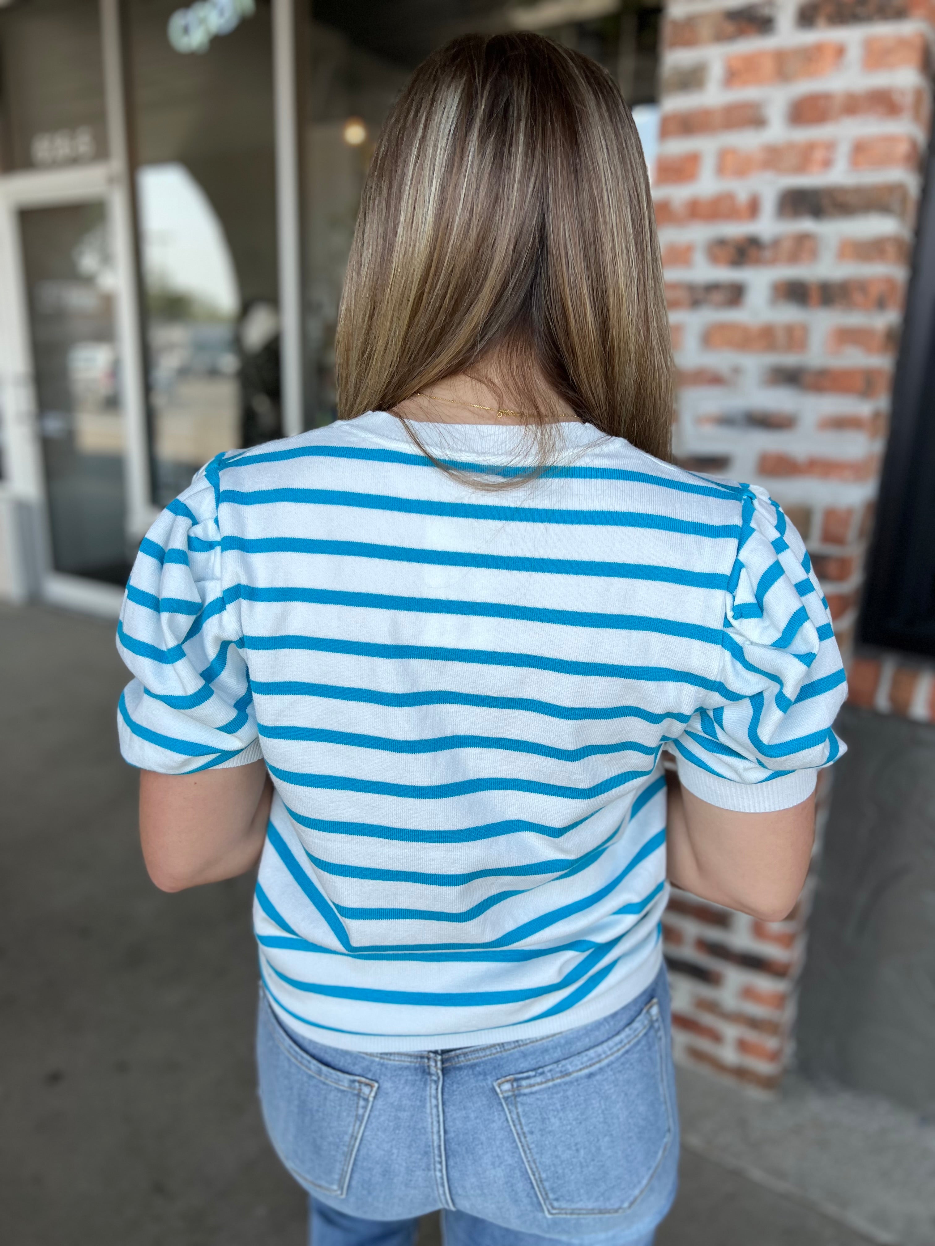 Blue Puff Sleeve Stripe Top - FINAL SALE