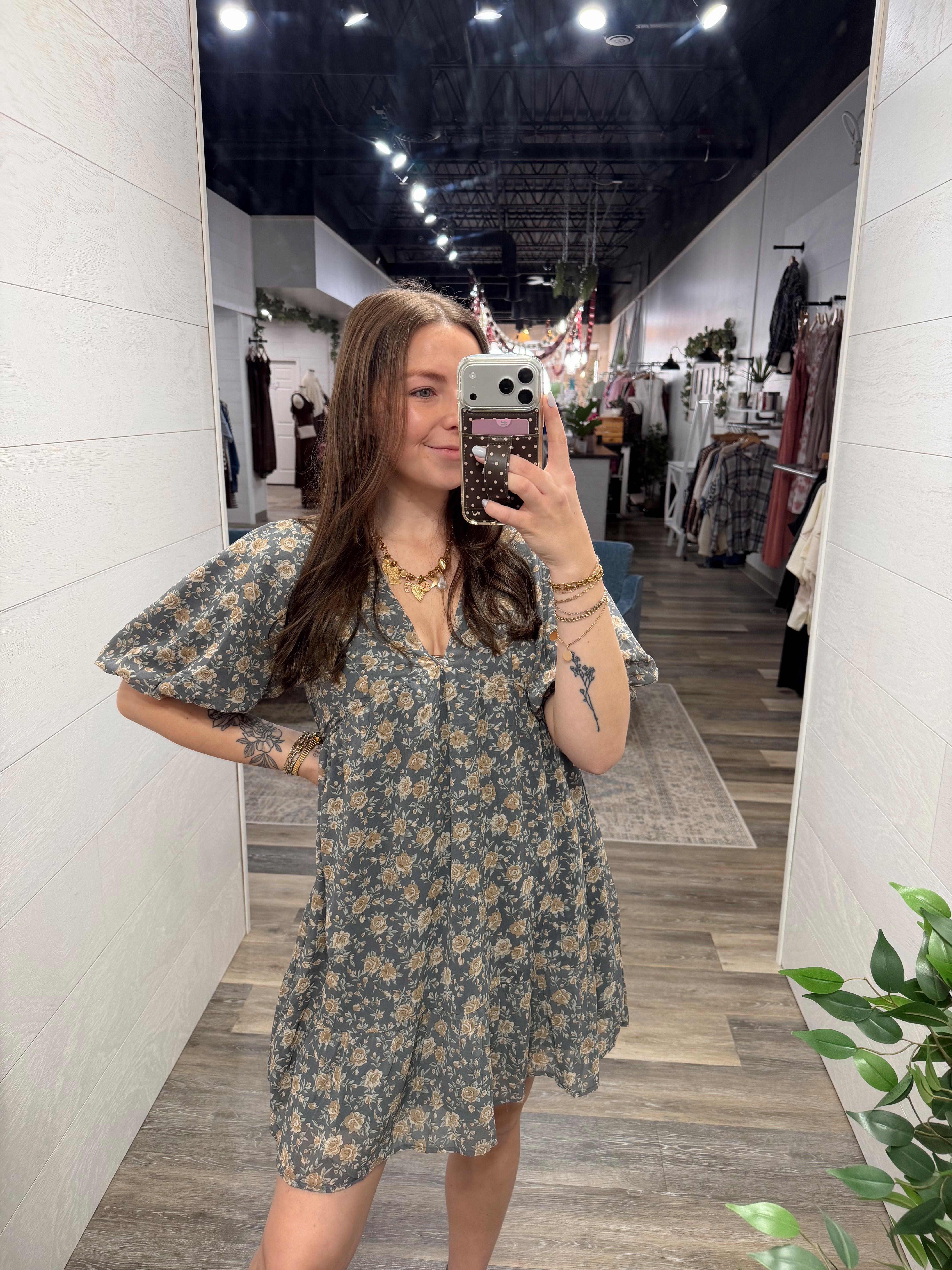 Blue Floral Bubble Sleeve Mini Dress