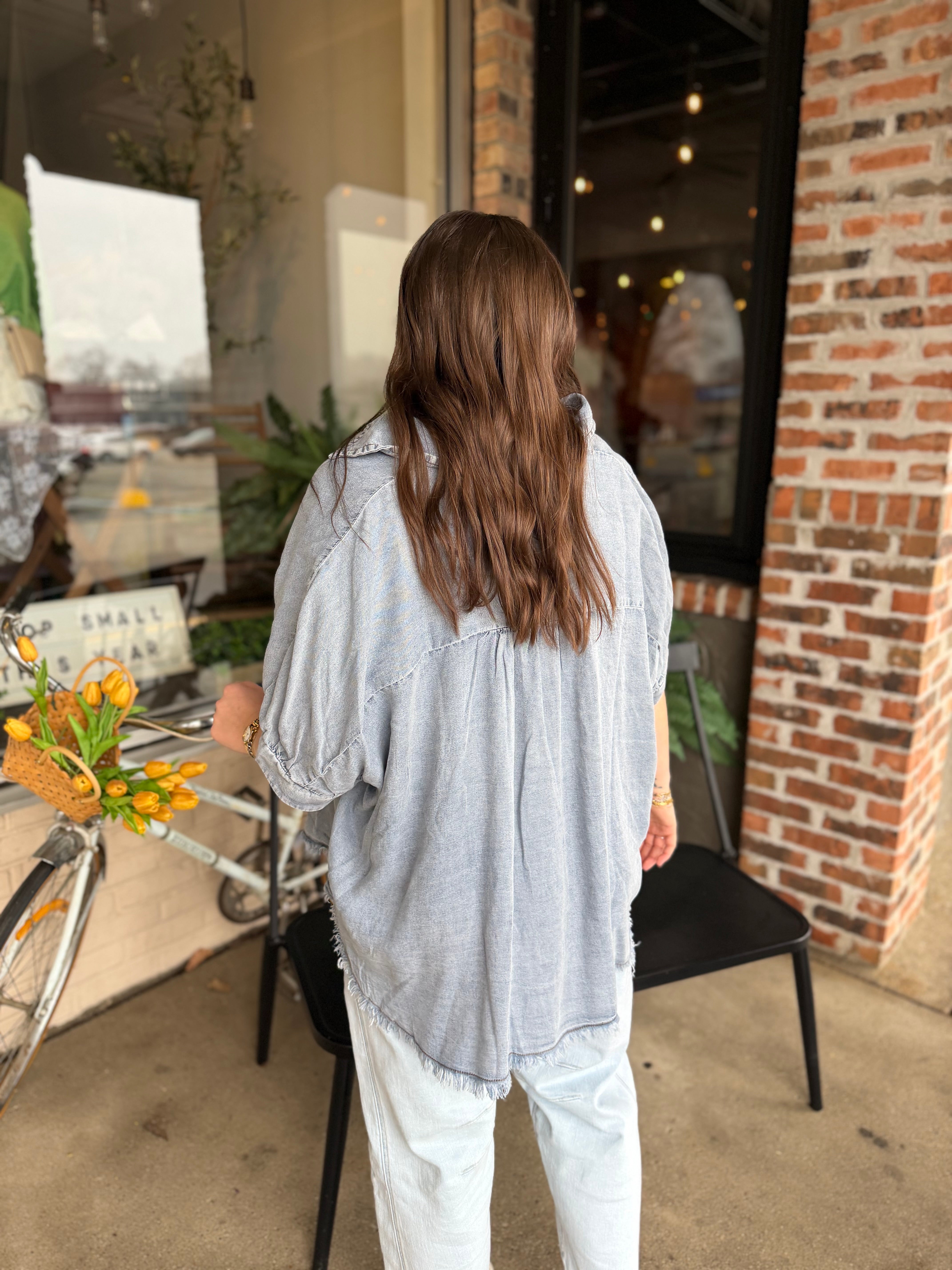 Frayed Trim Denim Button Top