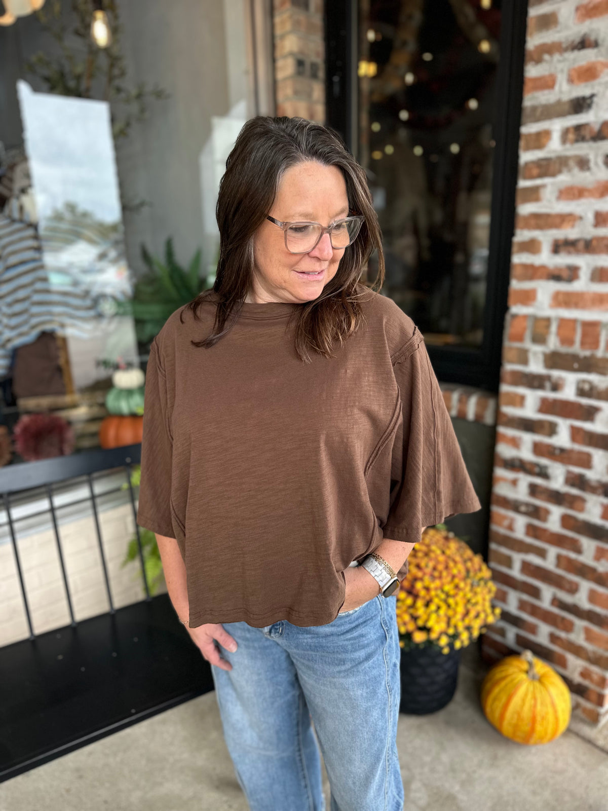 Brown Cotton Raw Edge Oversized Tee