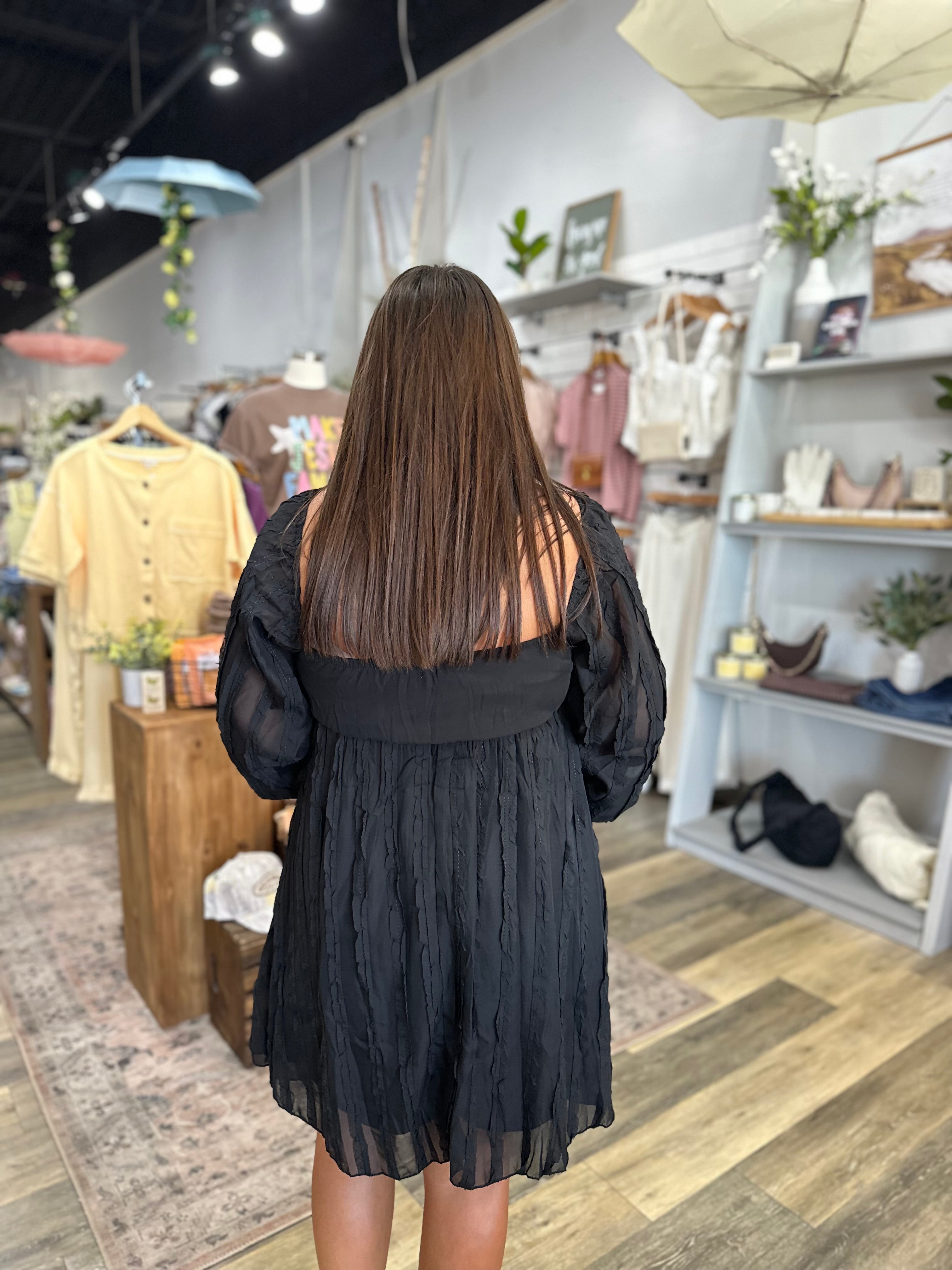 Black Textured Ruched Mini Dress