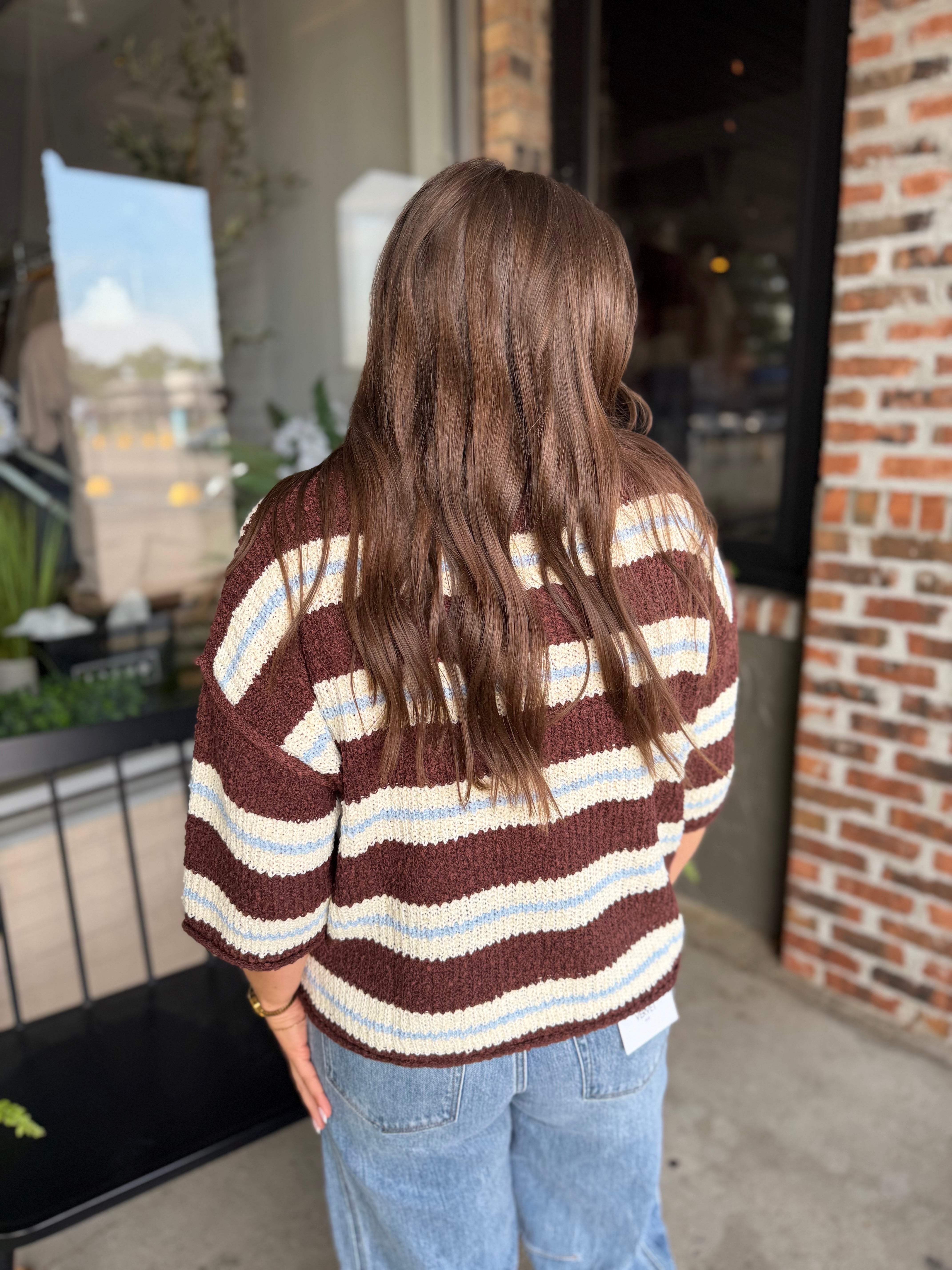 Brown Blue 3/4 Sleeve Striped Sweater
