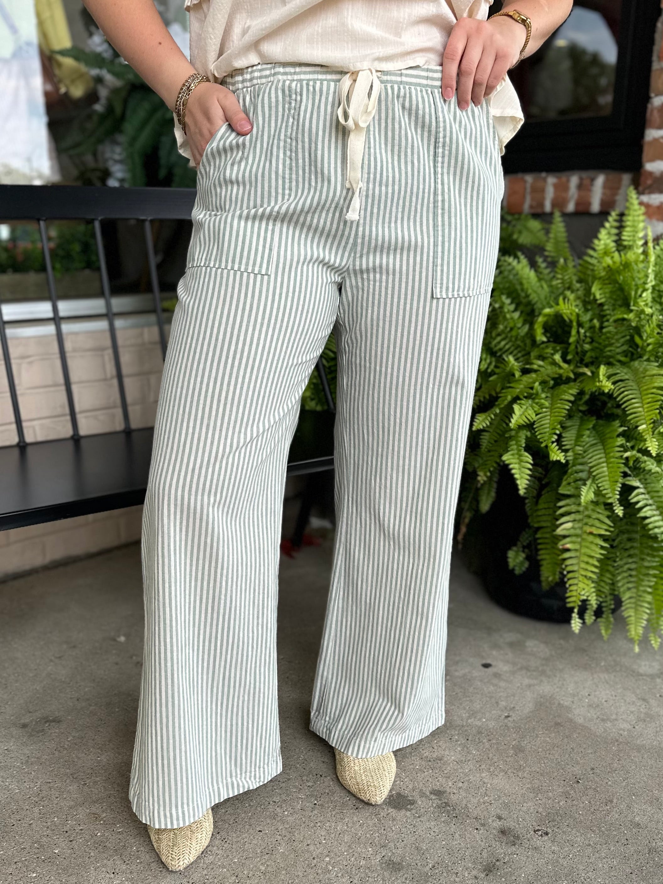 Sage Striped Wide Linen Pants