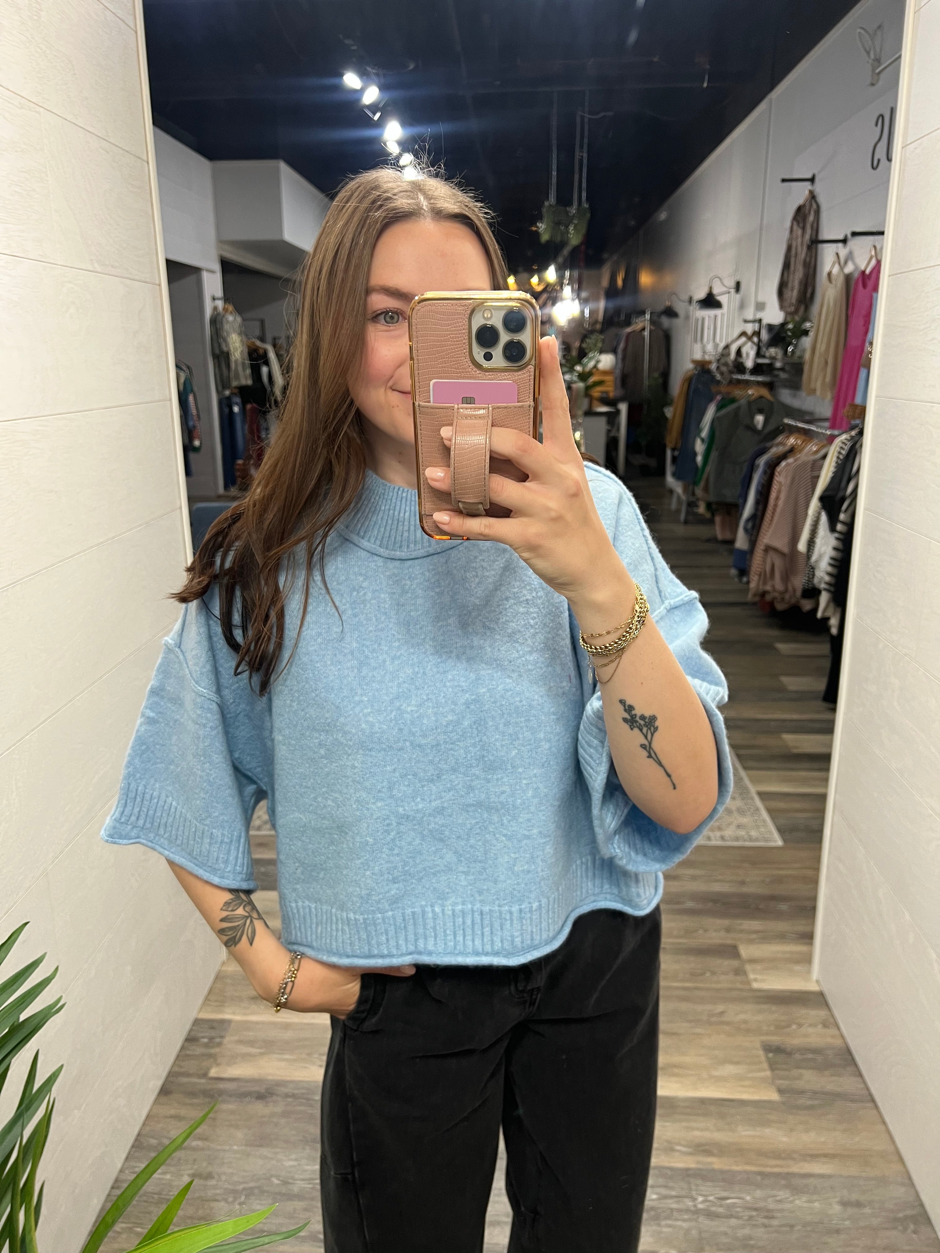 Blue Marled Mock Neck Sweater