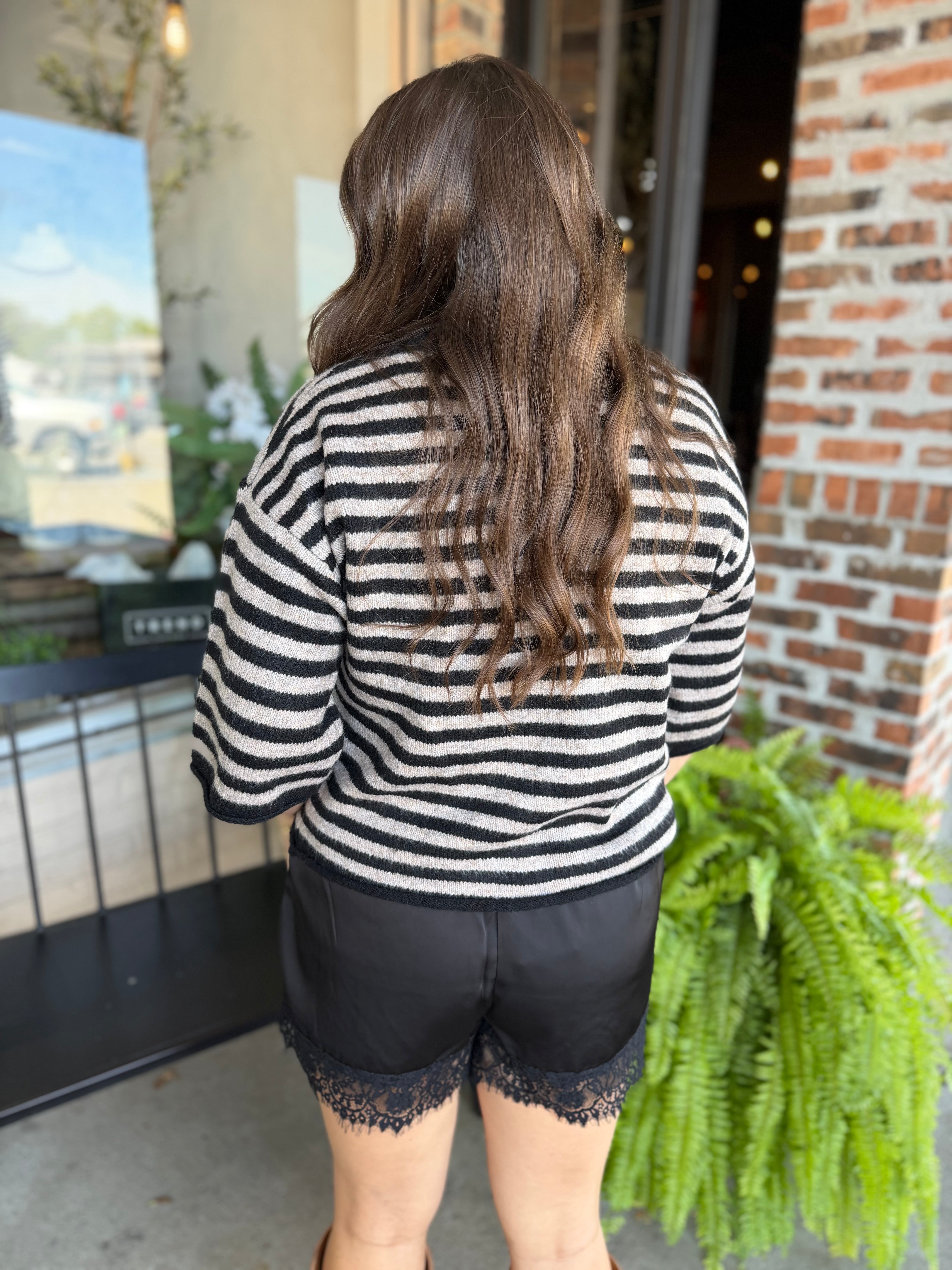 Black Knit Striped Quarter Sleeve Cardigan