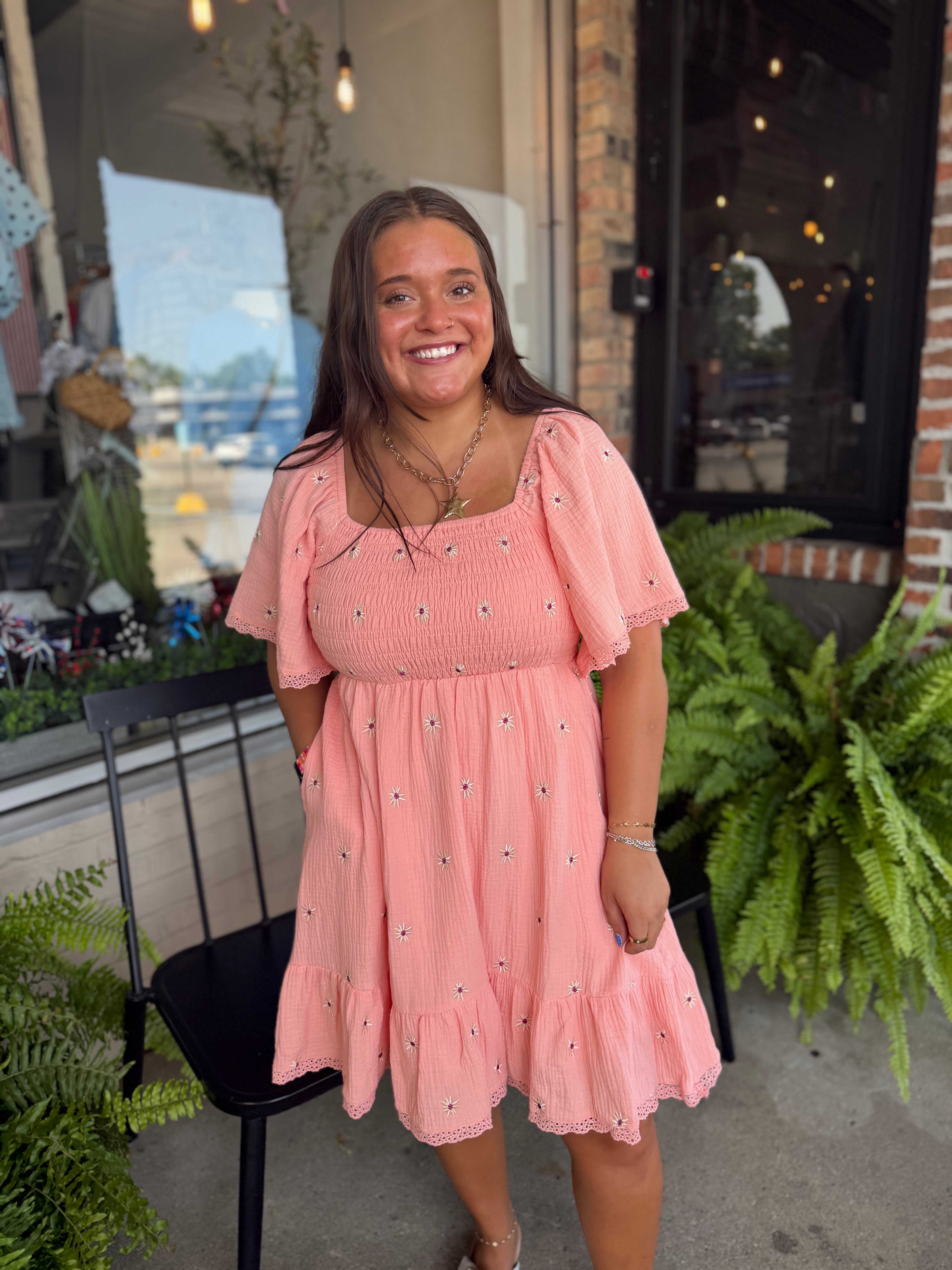 Pink Gauze Floral Embroidered Dress