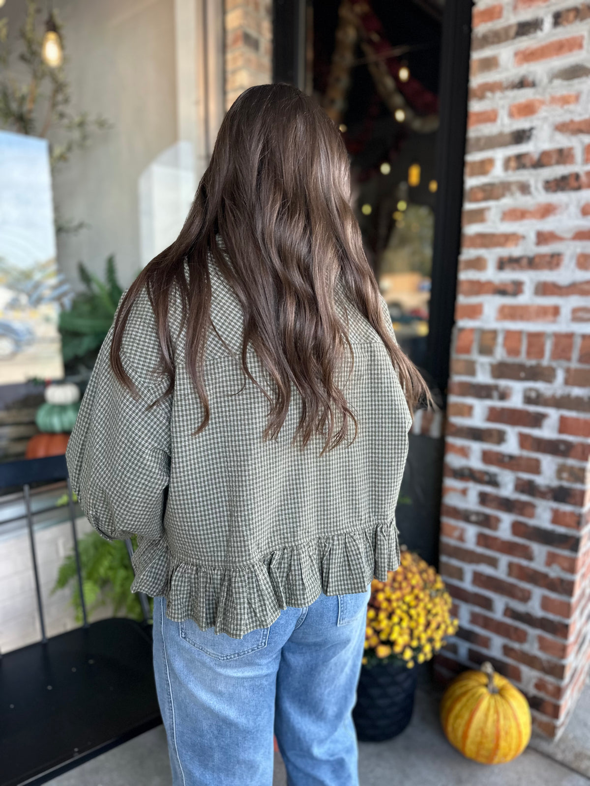 Olive Check Ruffle Hem Shirt
