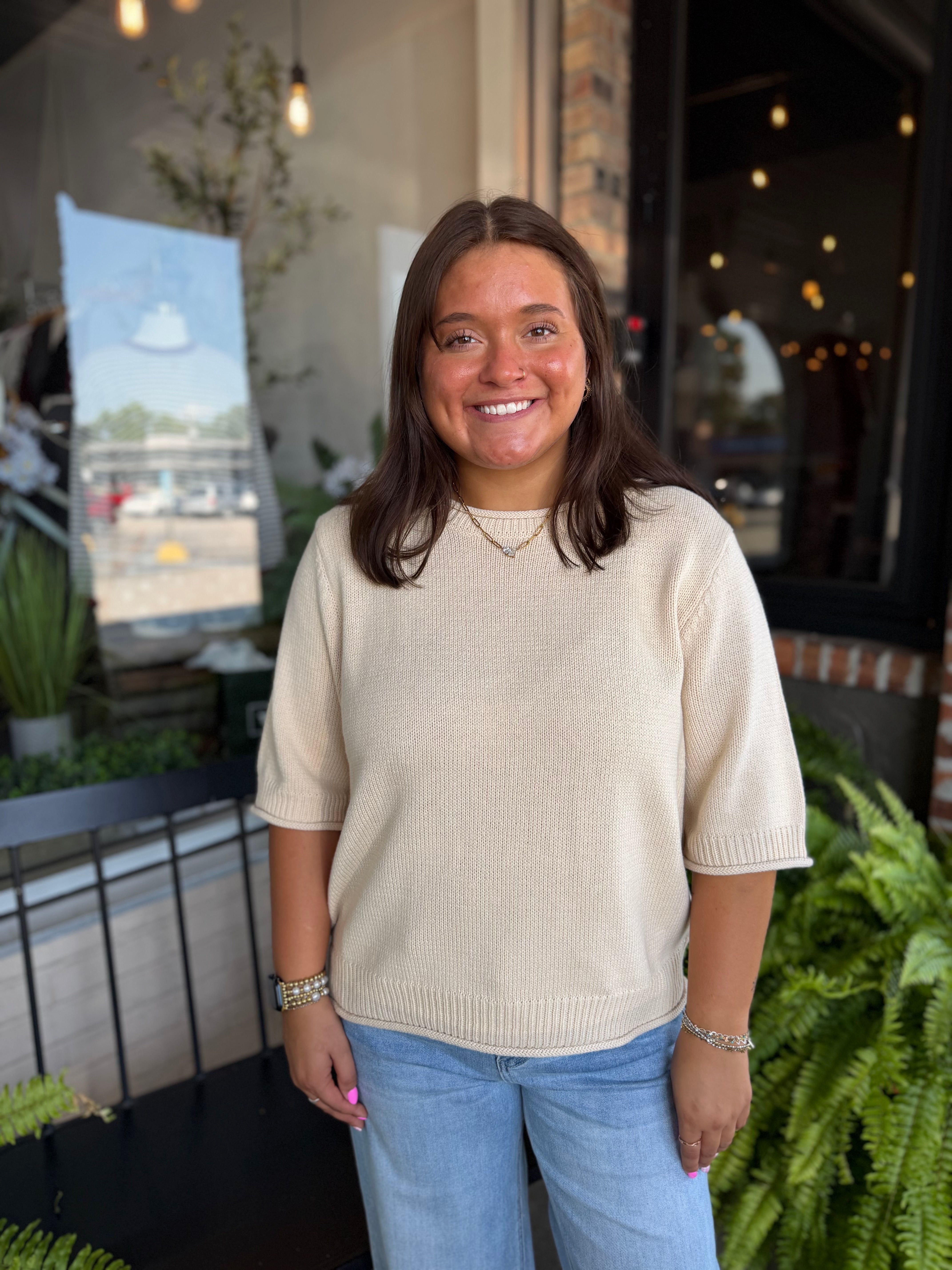 Oatmeal Raw Edge Half Sleeve top