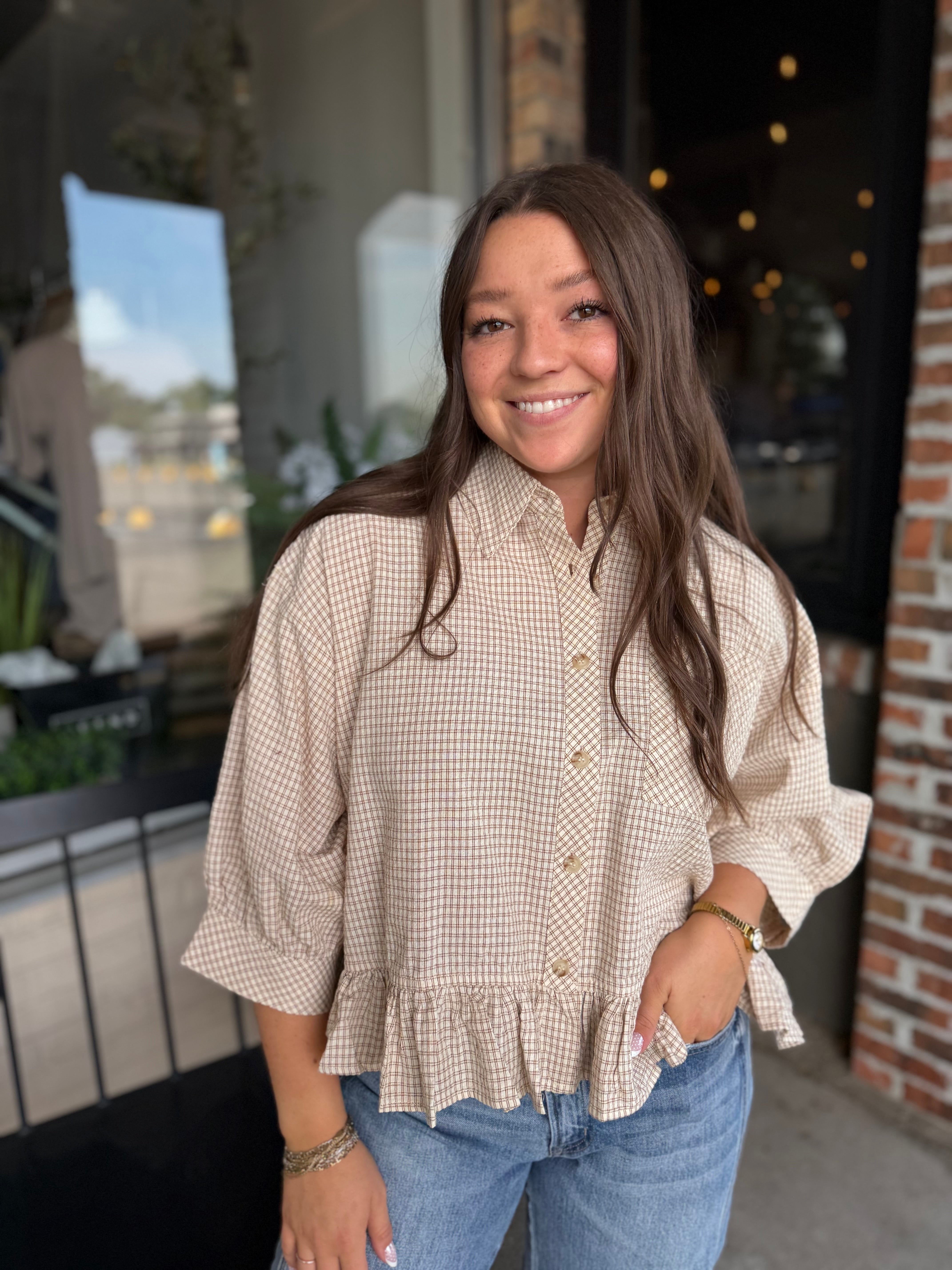Oat Micro Check Button Down Top