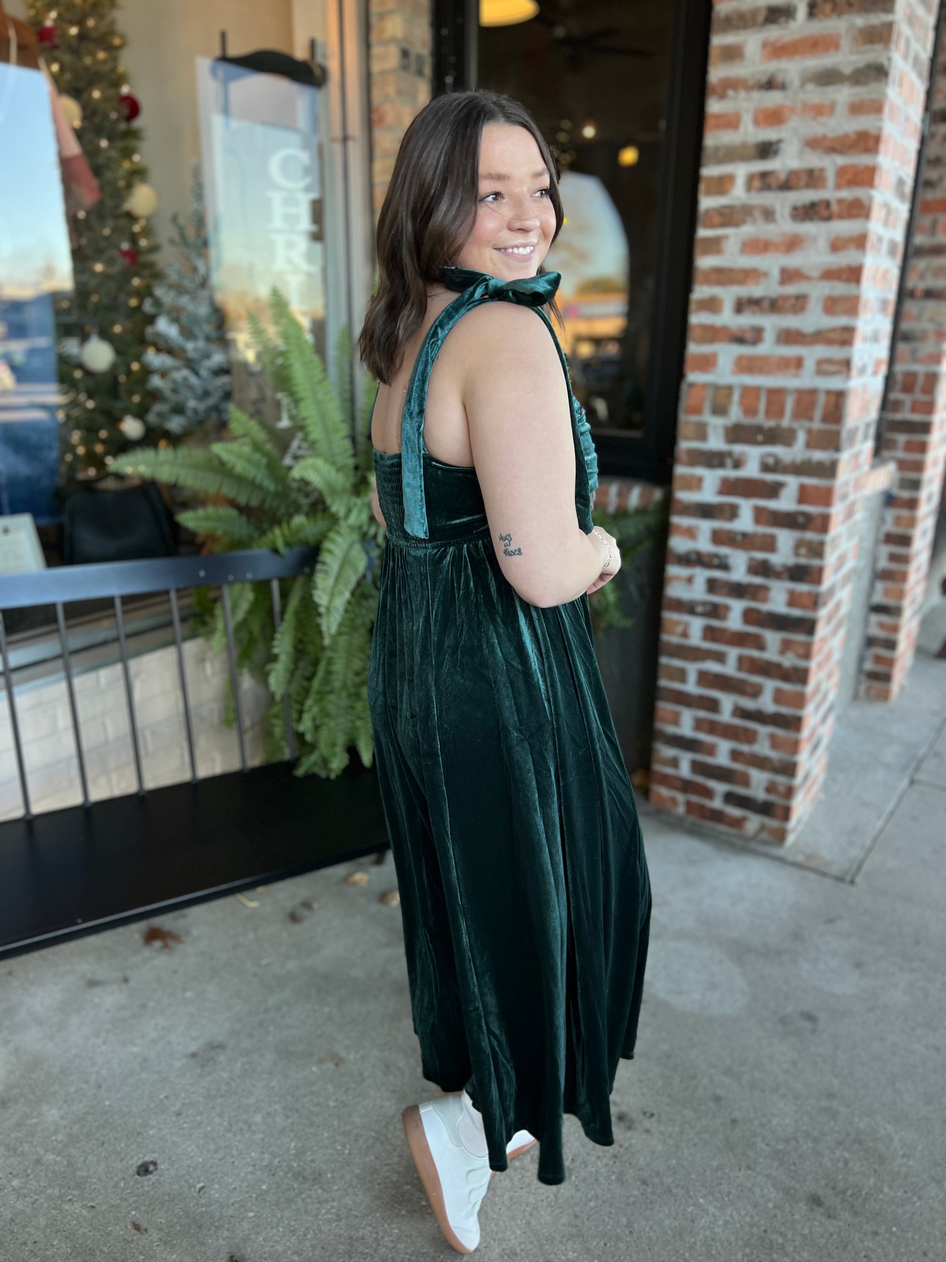 Green Velvet Tie Strap Dress - FINAL SALE