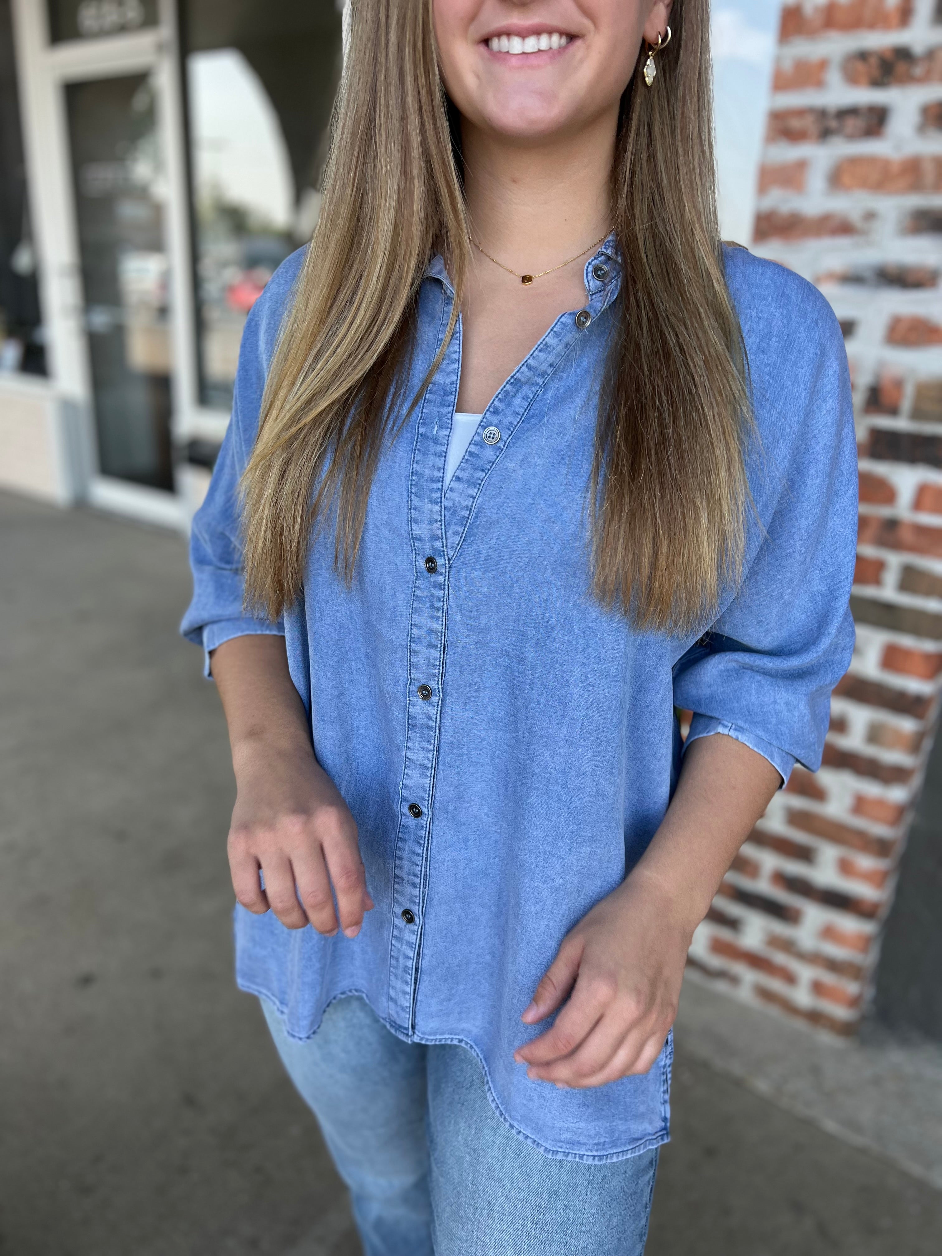 Denim 3/4 Sleeve Button-Down