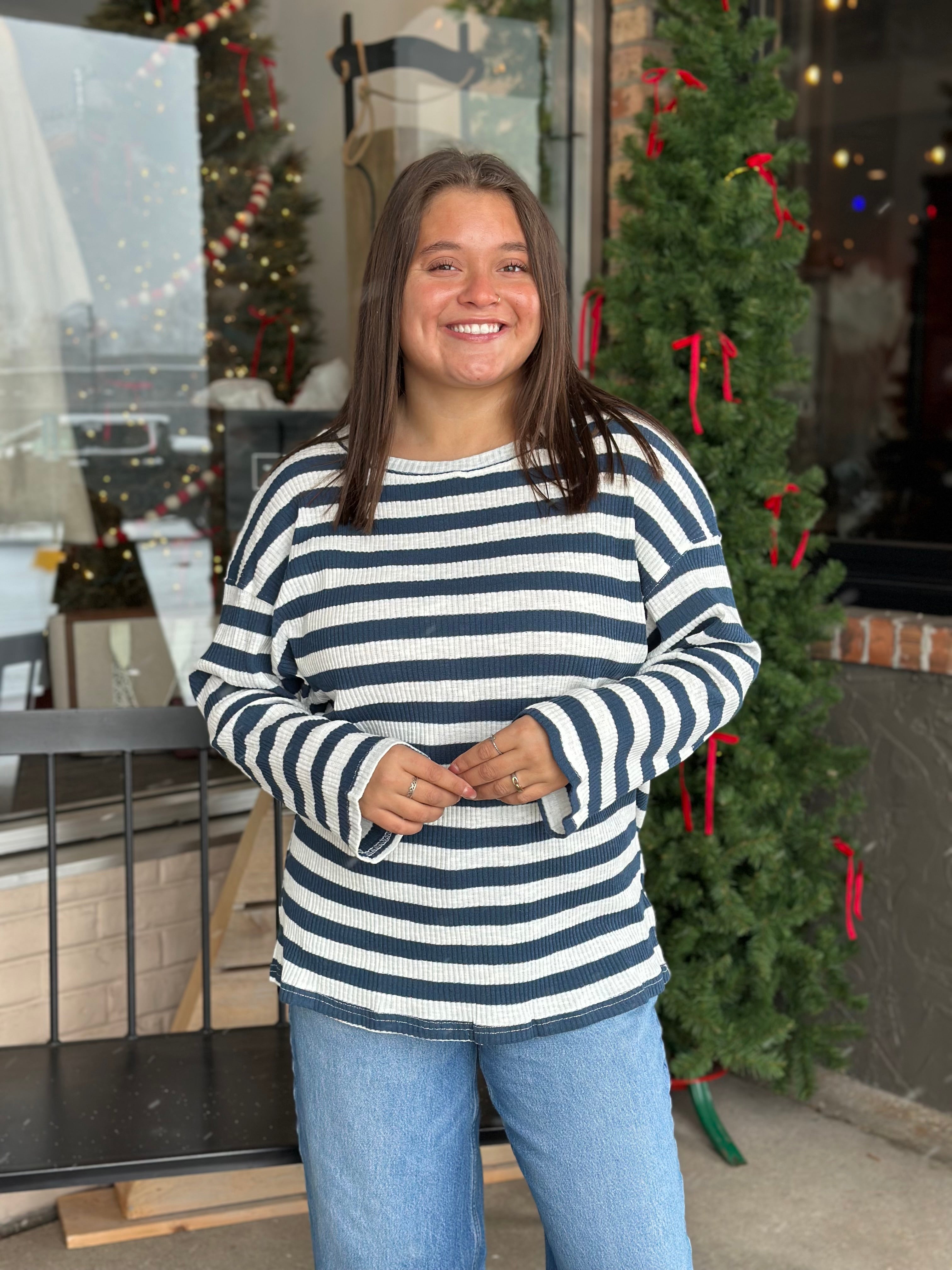 Teal Stripe Long Sleeve Top