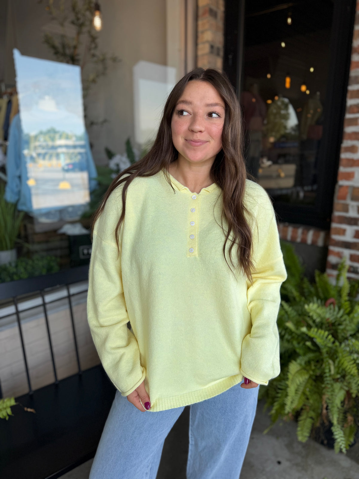 Yellow Rolled Edge Henley Sweater