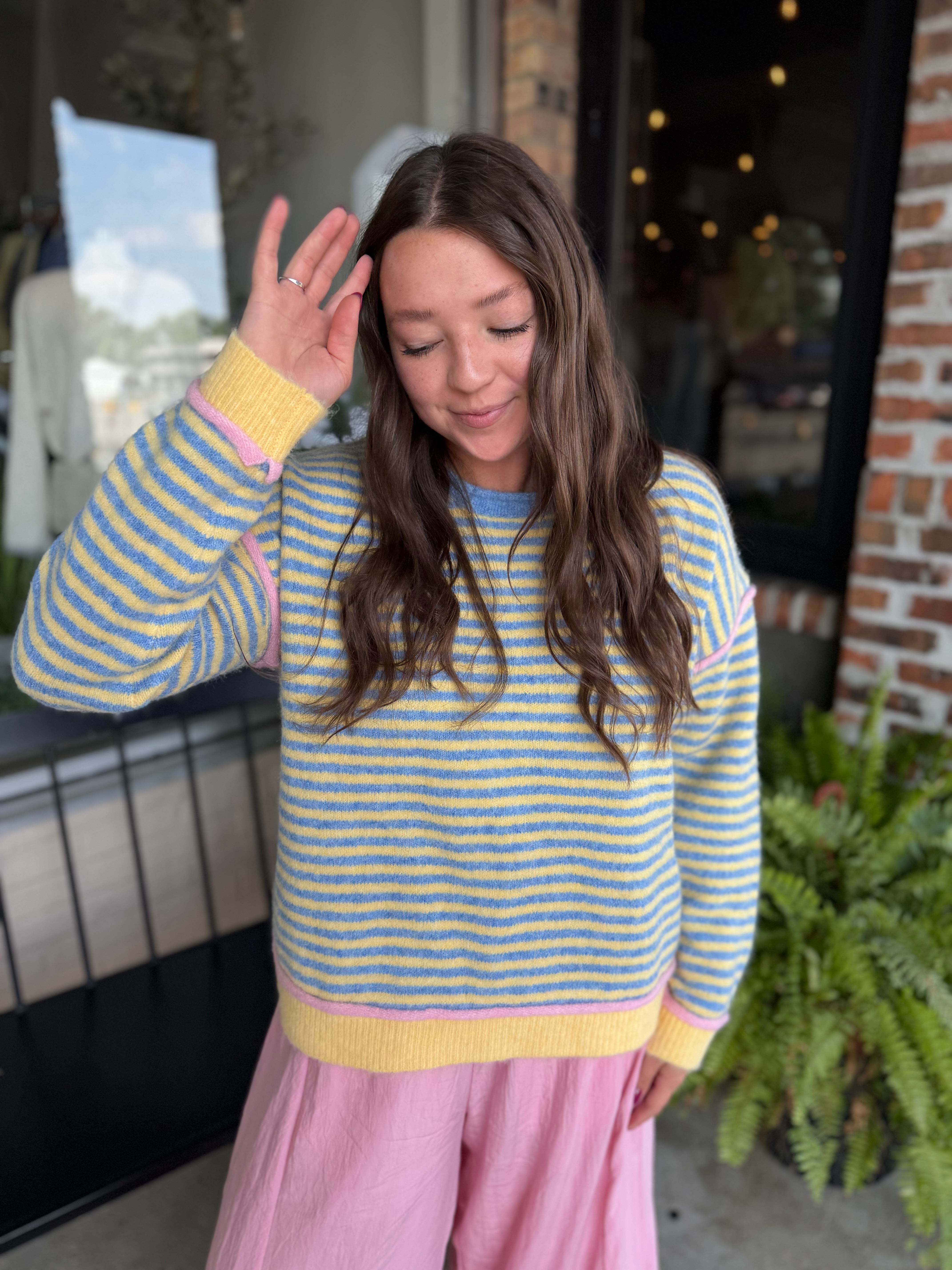 Blue Yellow Contrast Trim Stripe Sweater