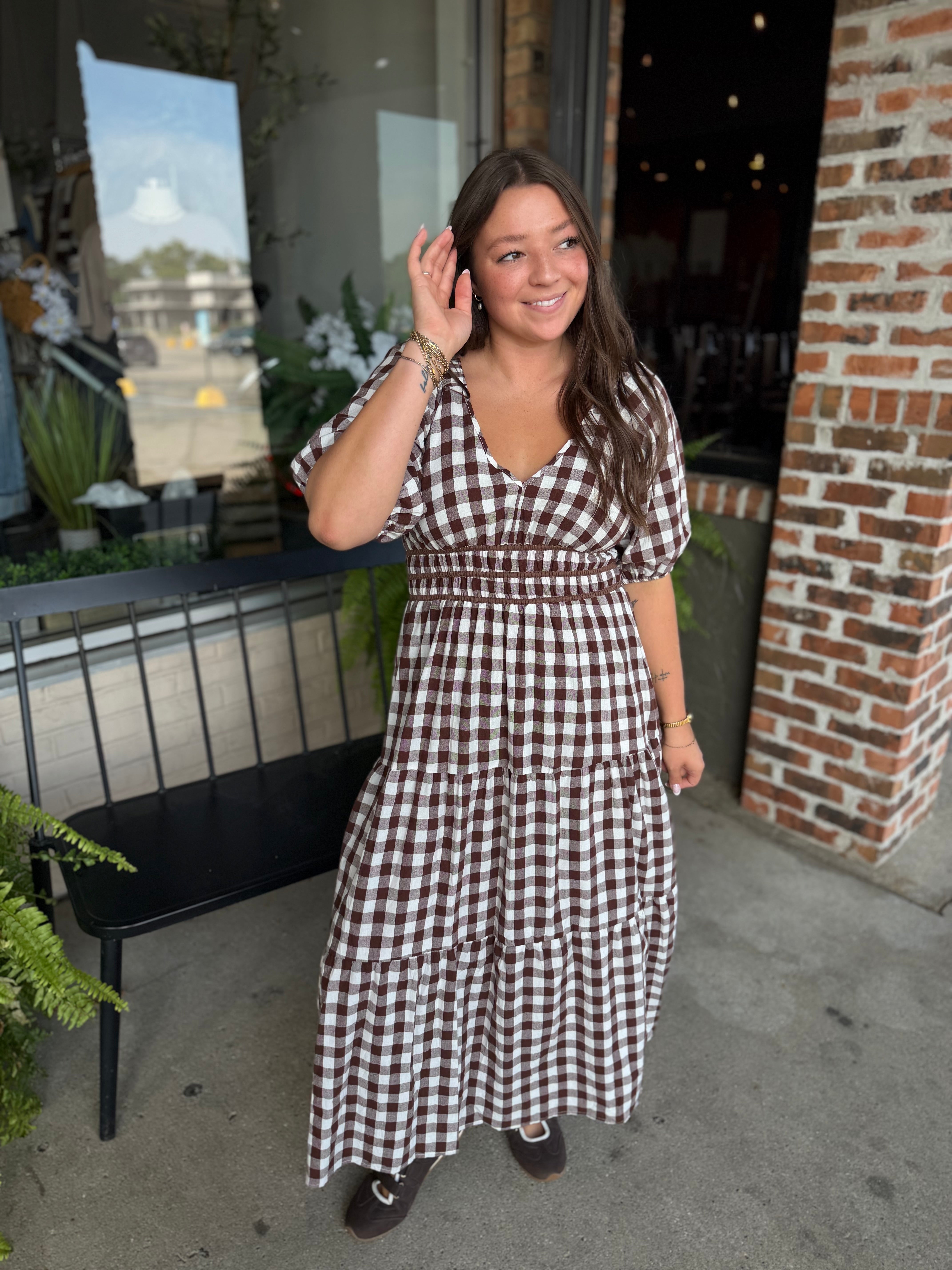 Brown Gingham Midi Dress