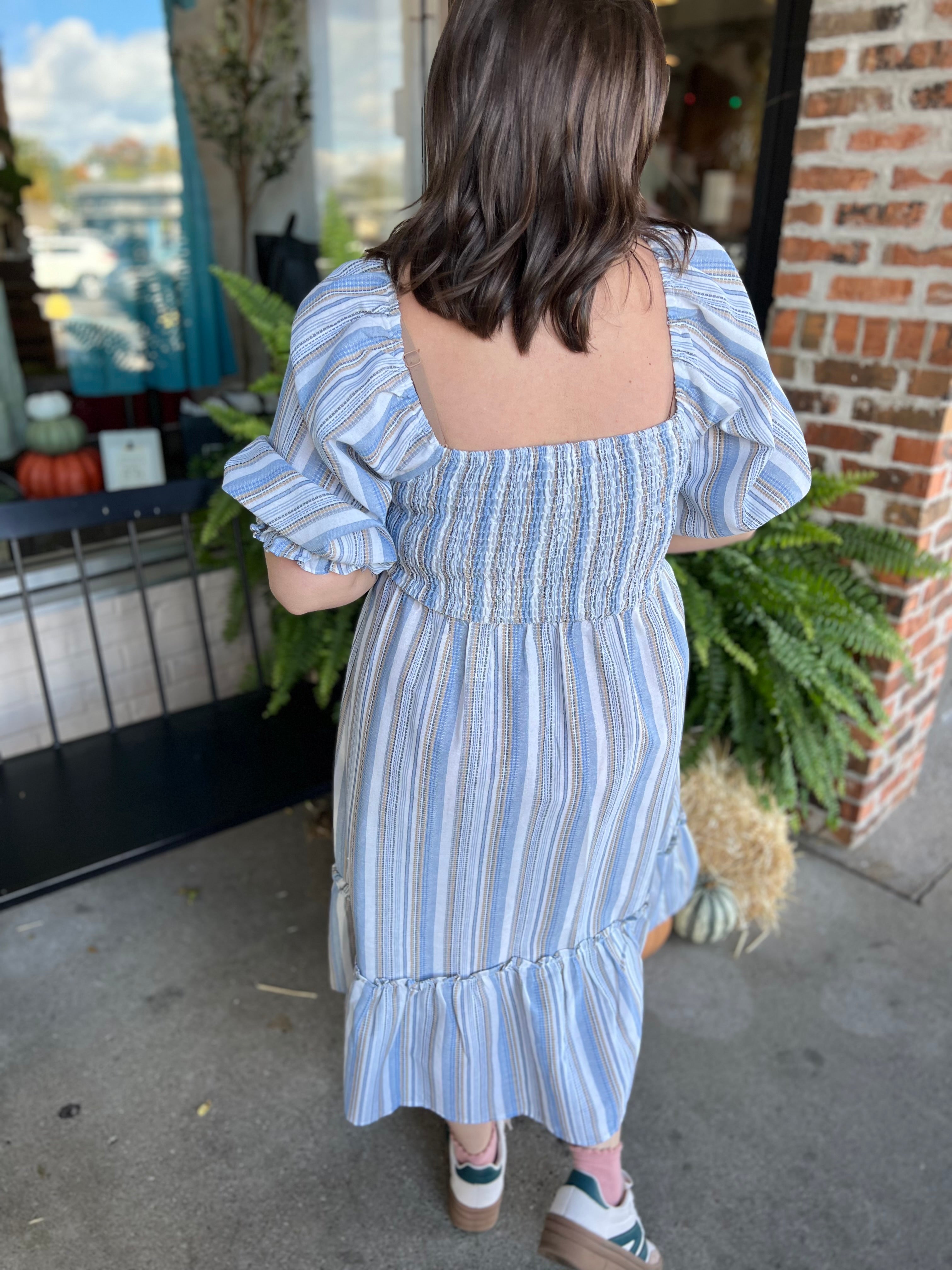 Blue Striped Puff Sleeve Dress