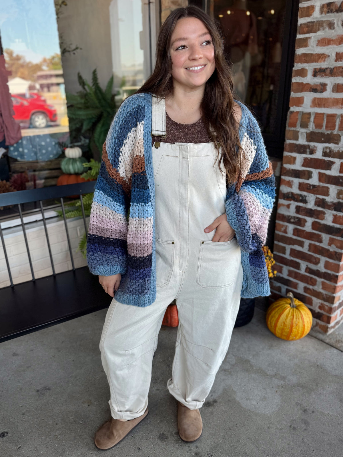 Cream Barrel Leg Utility Overalls