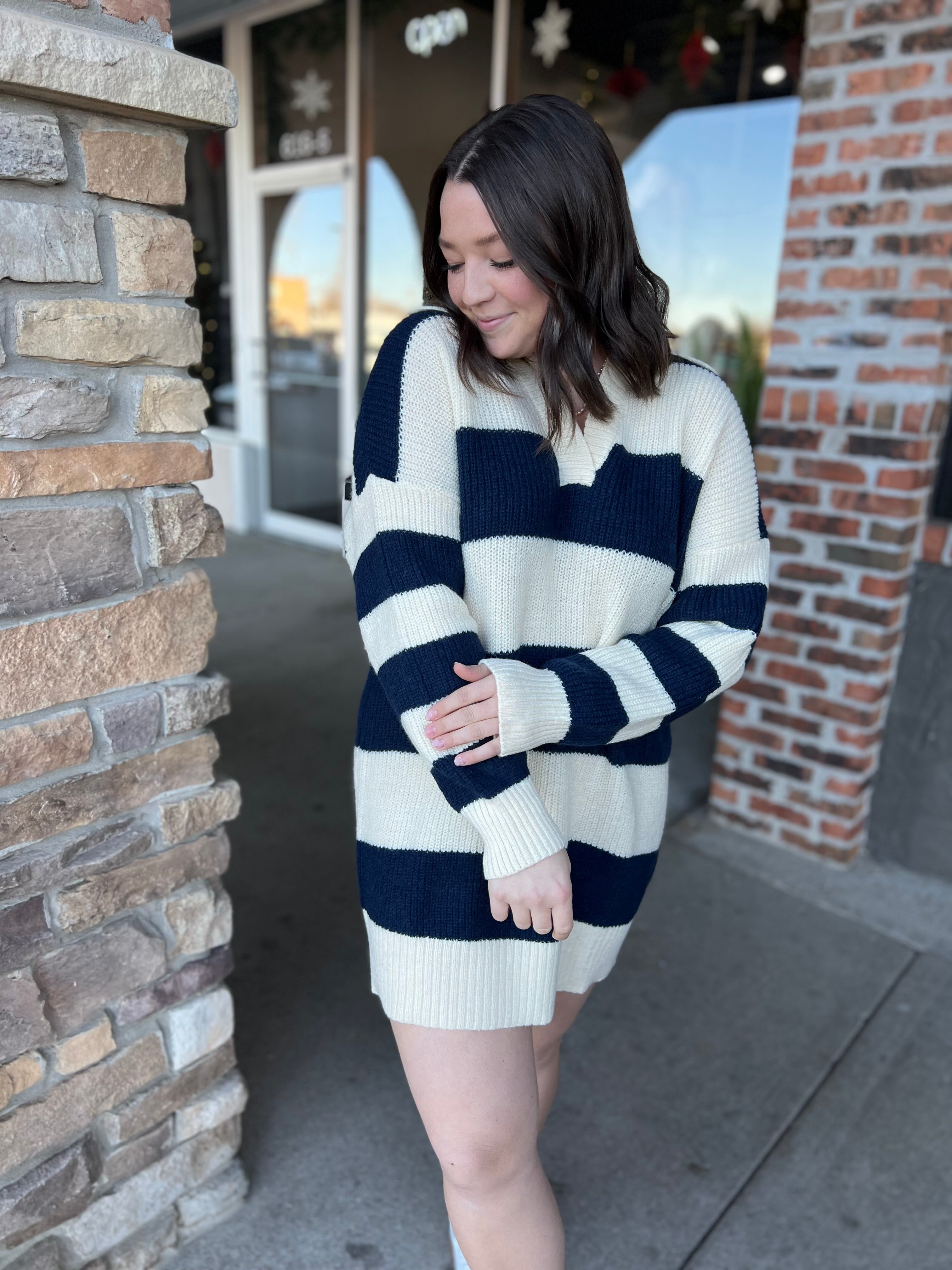 Navy Stripe Collared Sweater Dress