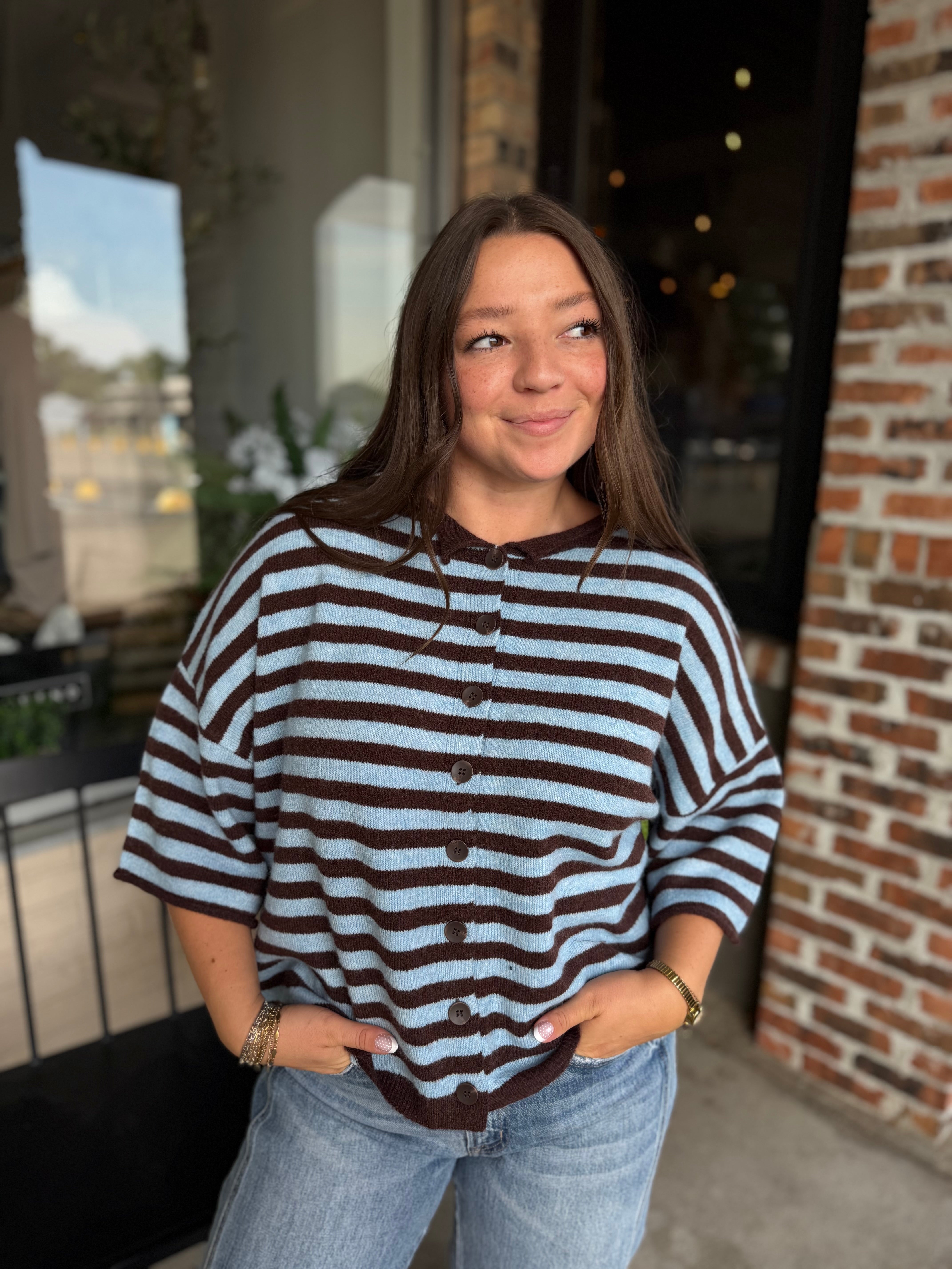 Brown Stripe Short Sleeve Cardi