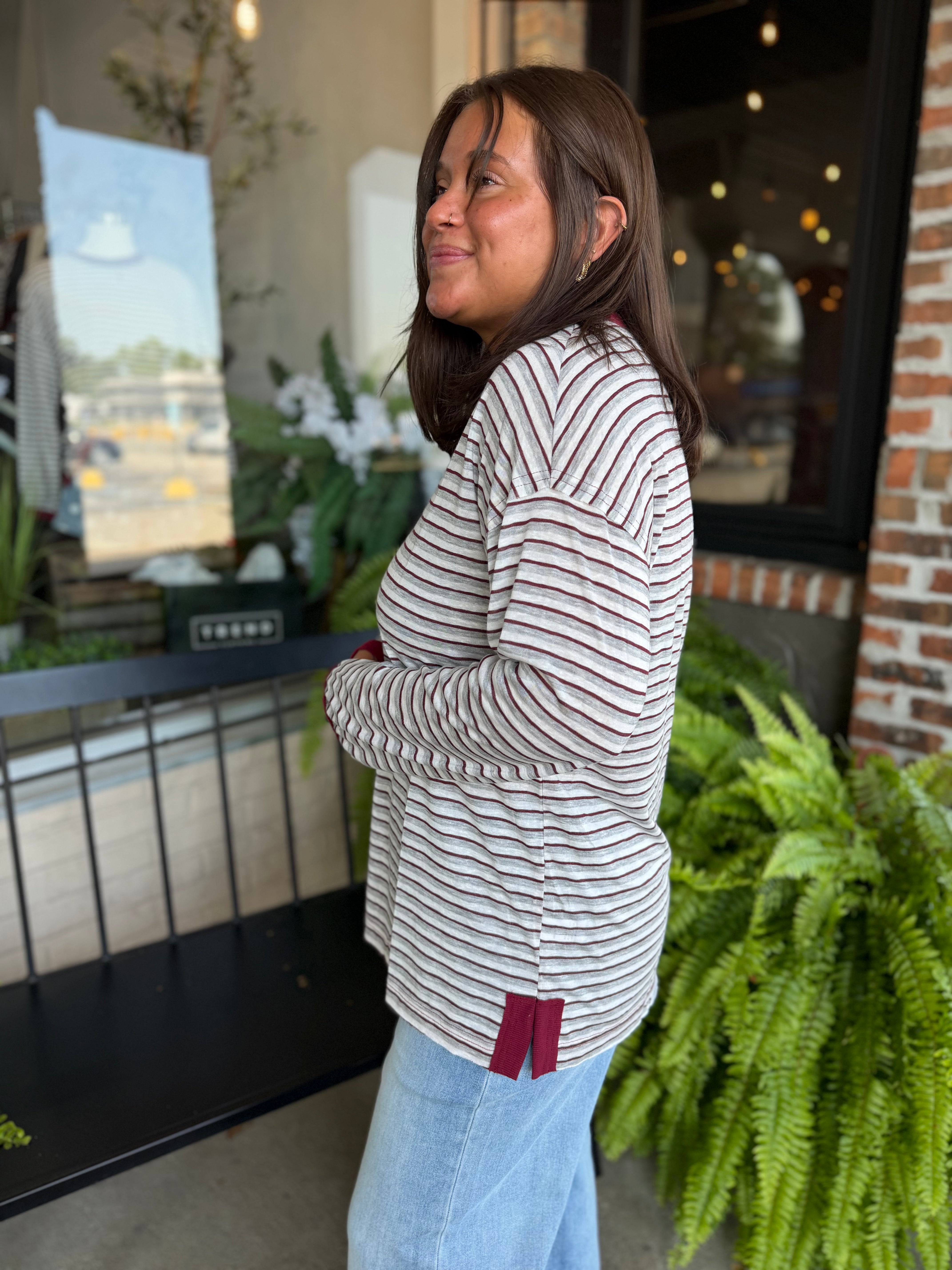 Burgundy Striped Jersey Long Sleeve Top