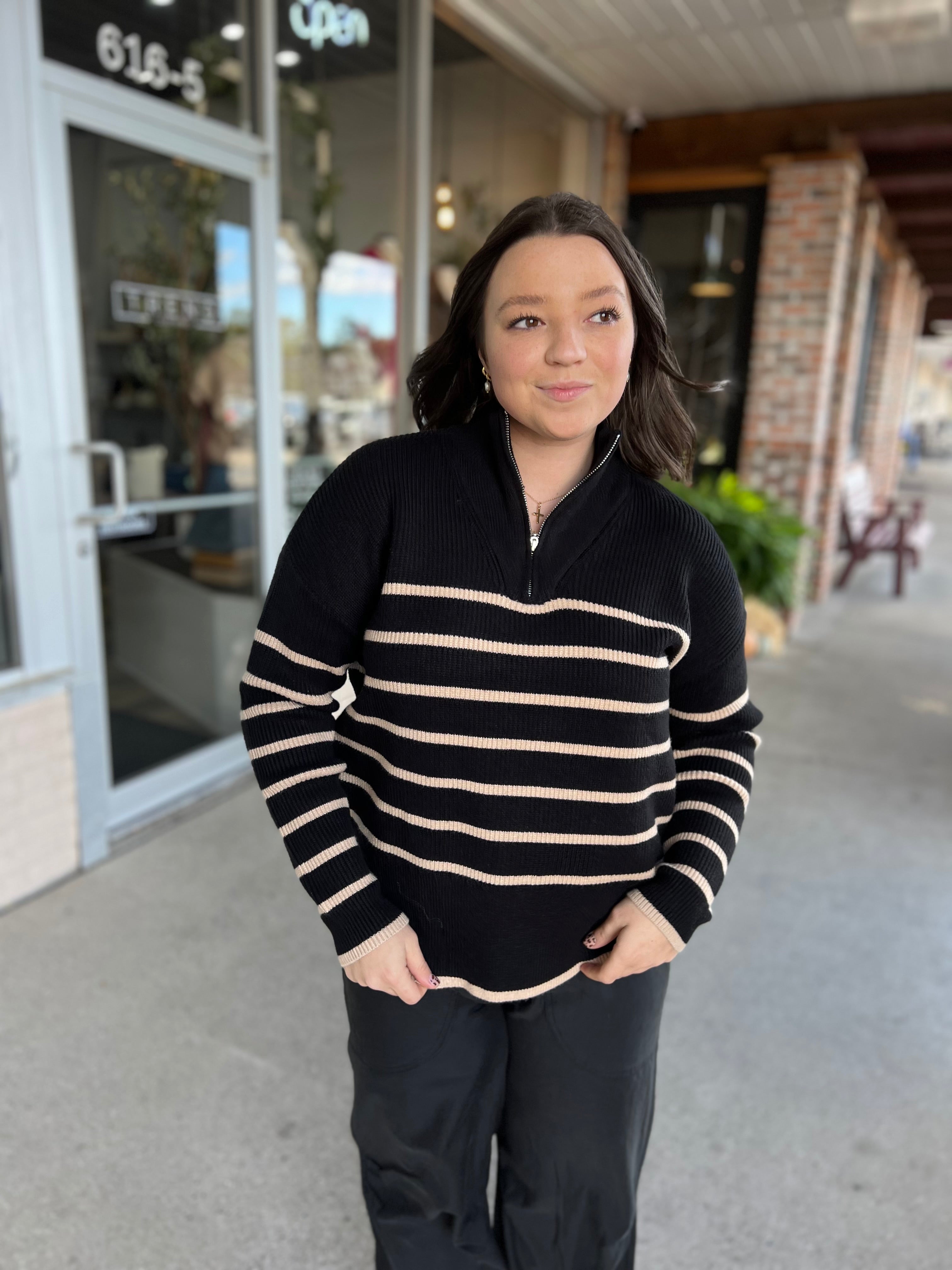 Taupe Stripe Quarter Zip Sweater