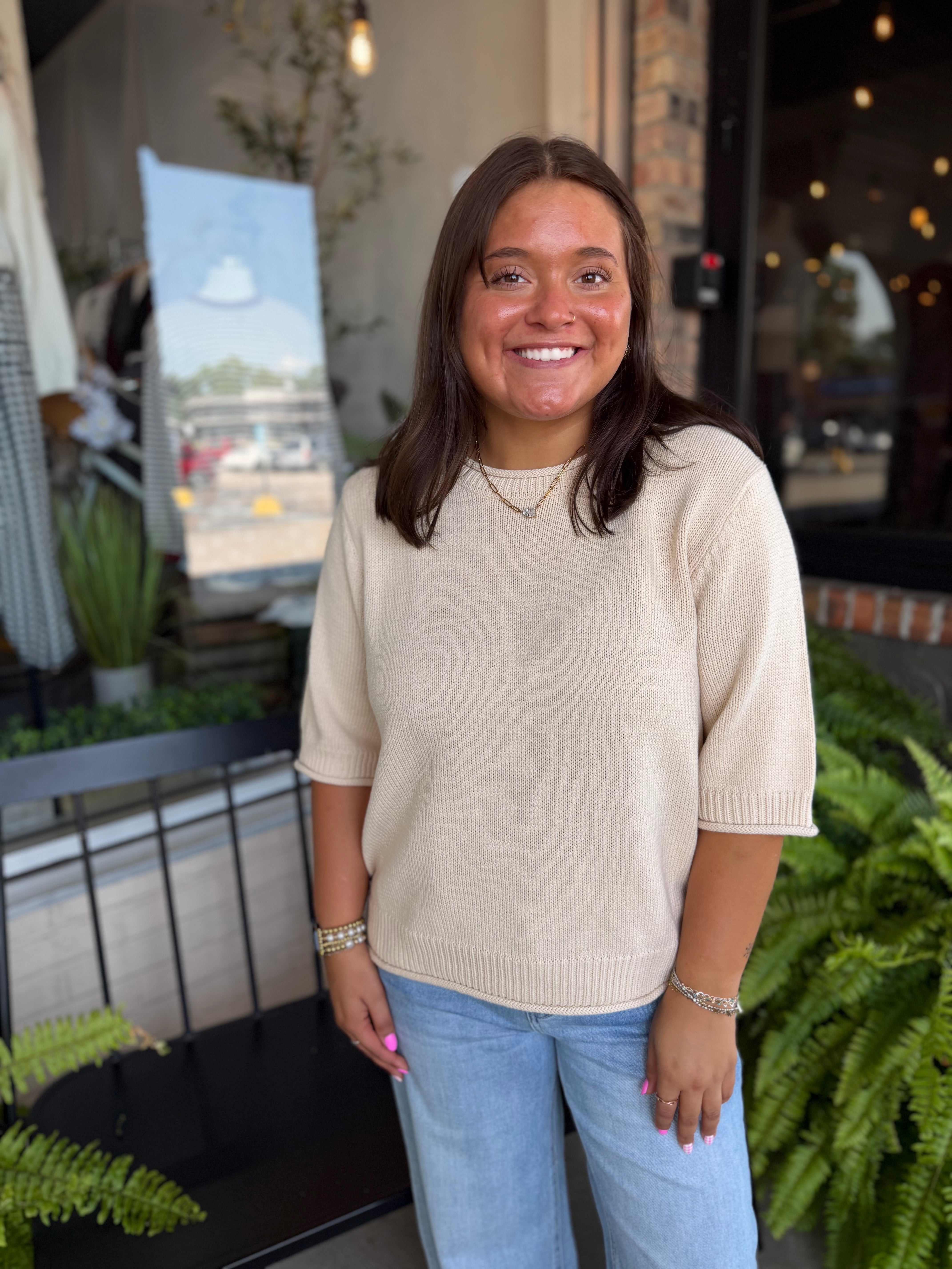 Oatmeal Raw Edge Half Sleeve top