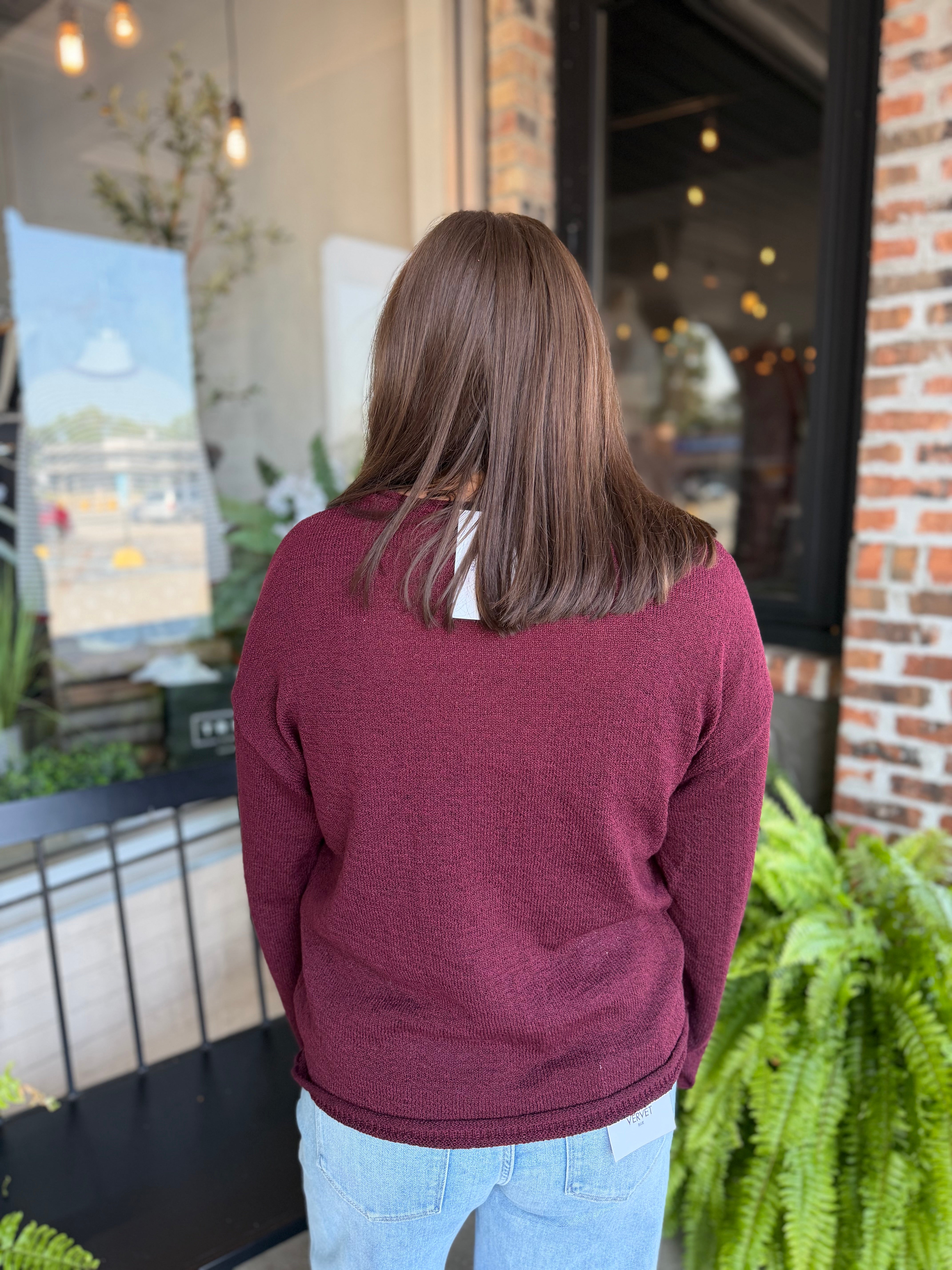 Burgundy Raw Edge Knit Sweater
