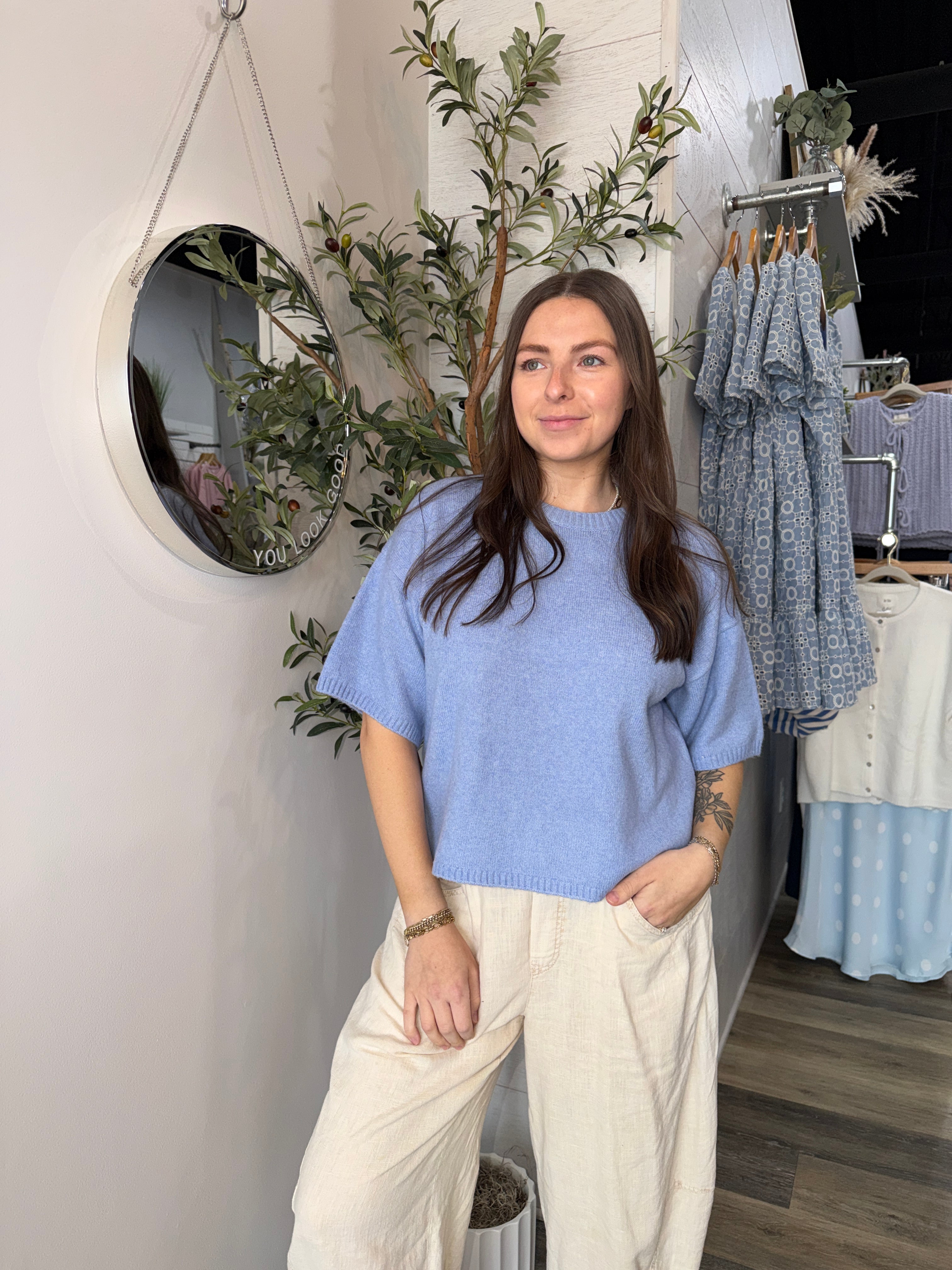 Blue Boxy Short Sleeve Sweater - FINAL SALE