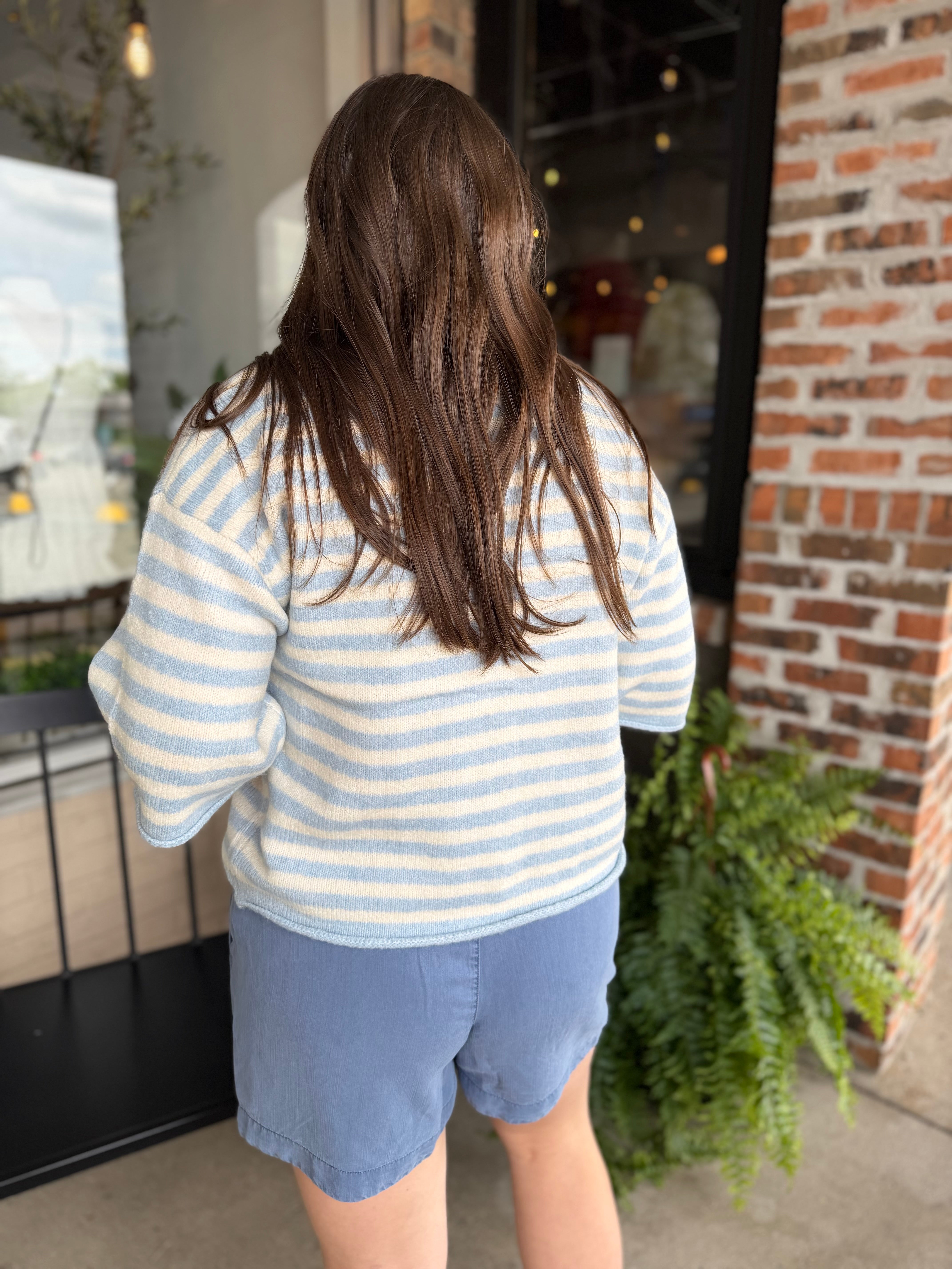 Blue Striped Quarter Sleeve Cardigan