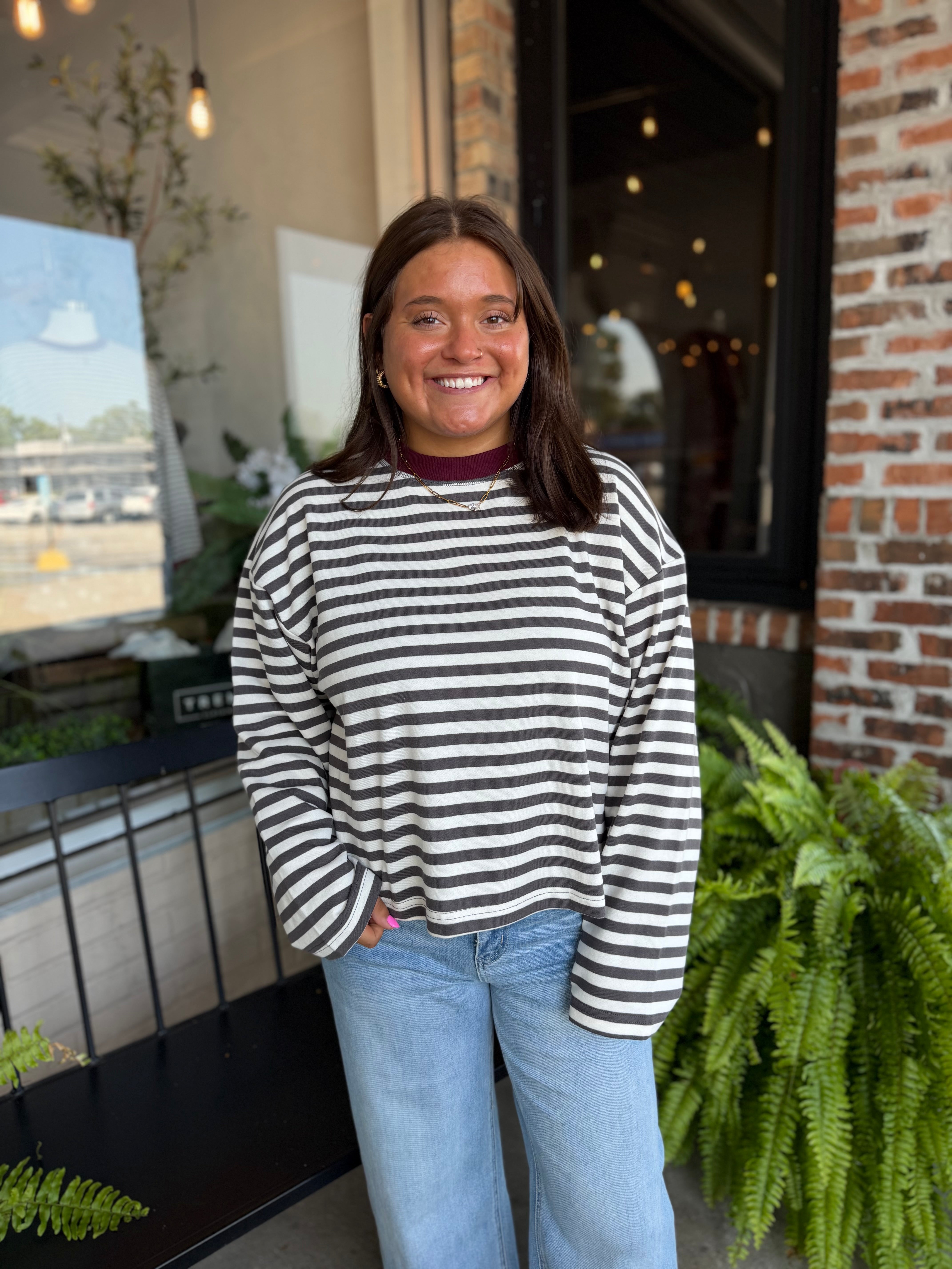 Charcoal Stripe Boxy Knit Long Sleeve