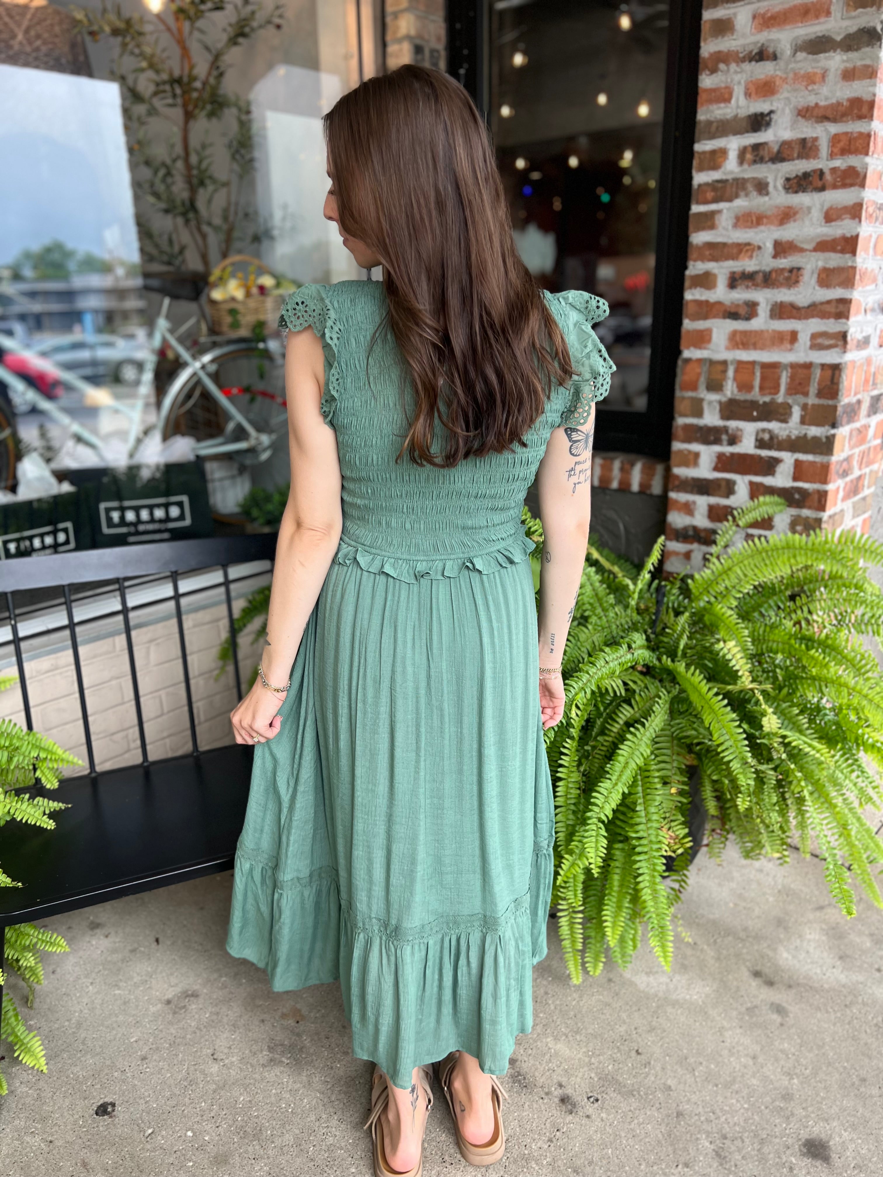 Green Eyelet Trim Midi Dress