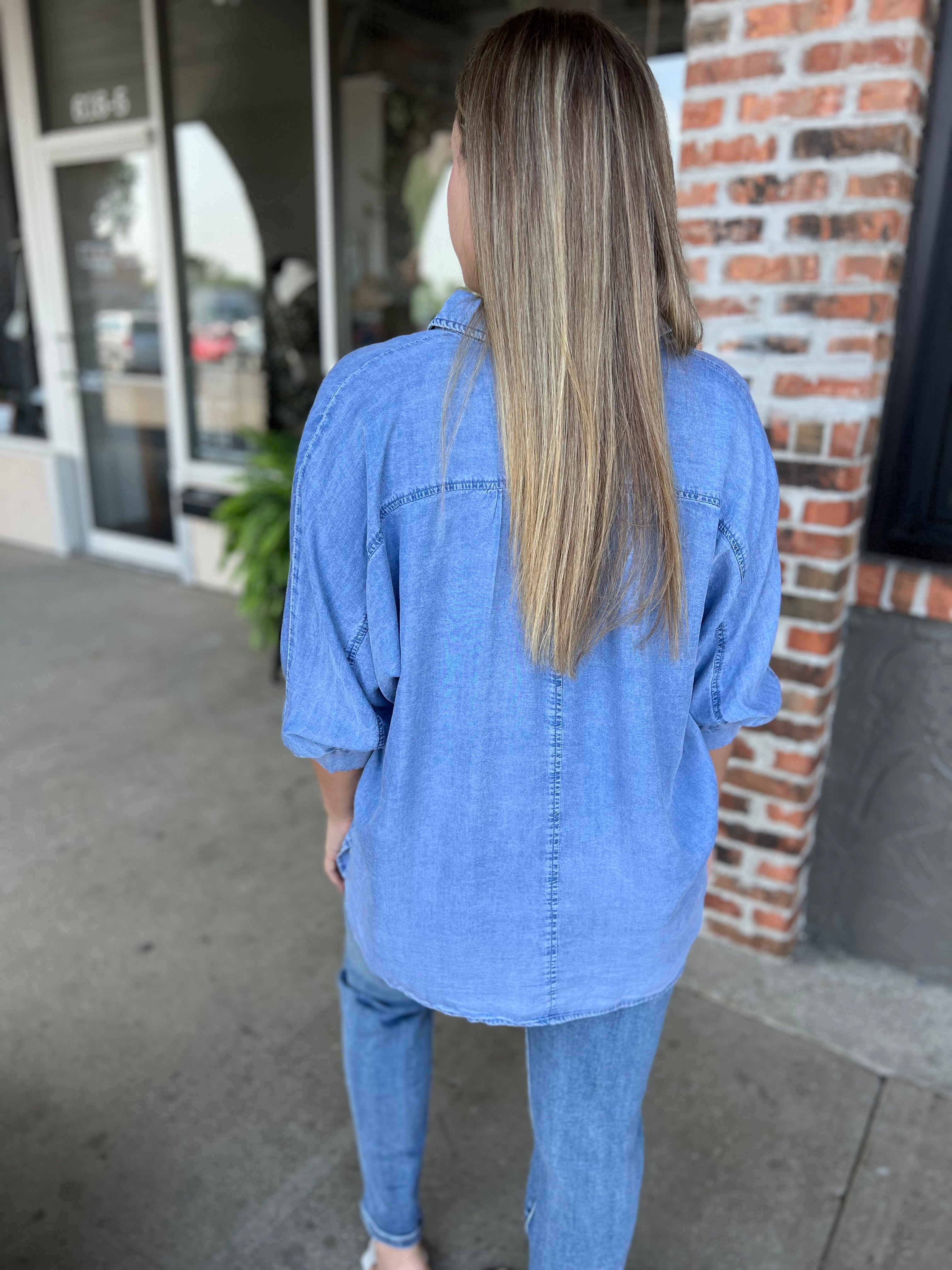 Denim 3/4 Sleeve Button-Down