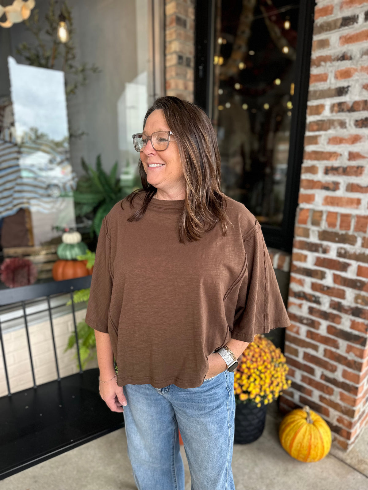 Brown Cotton Raw Edge Oversized Tee