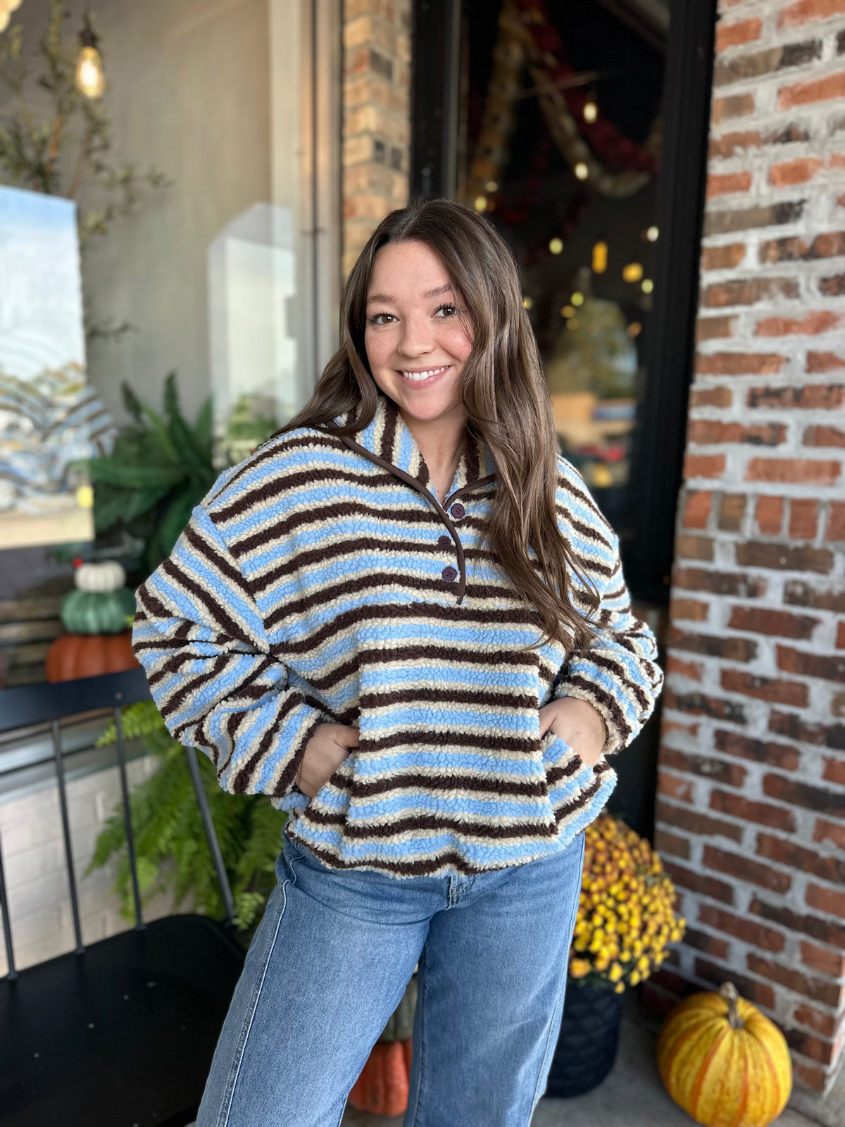 Blue and Brown Stripe Fleece Pullover