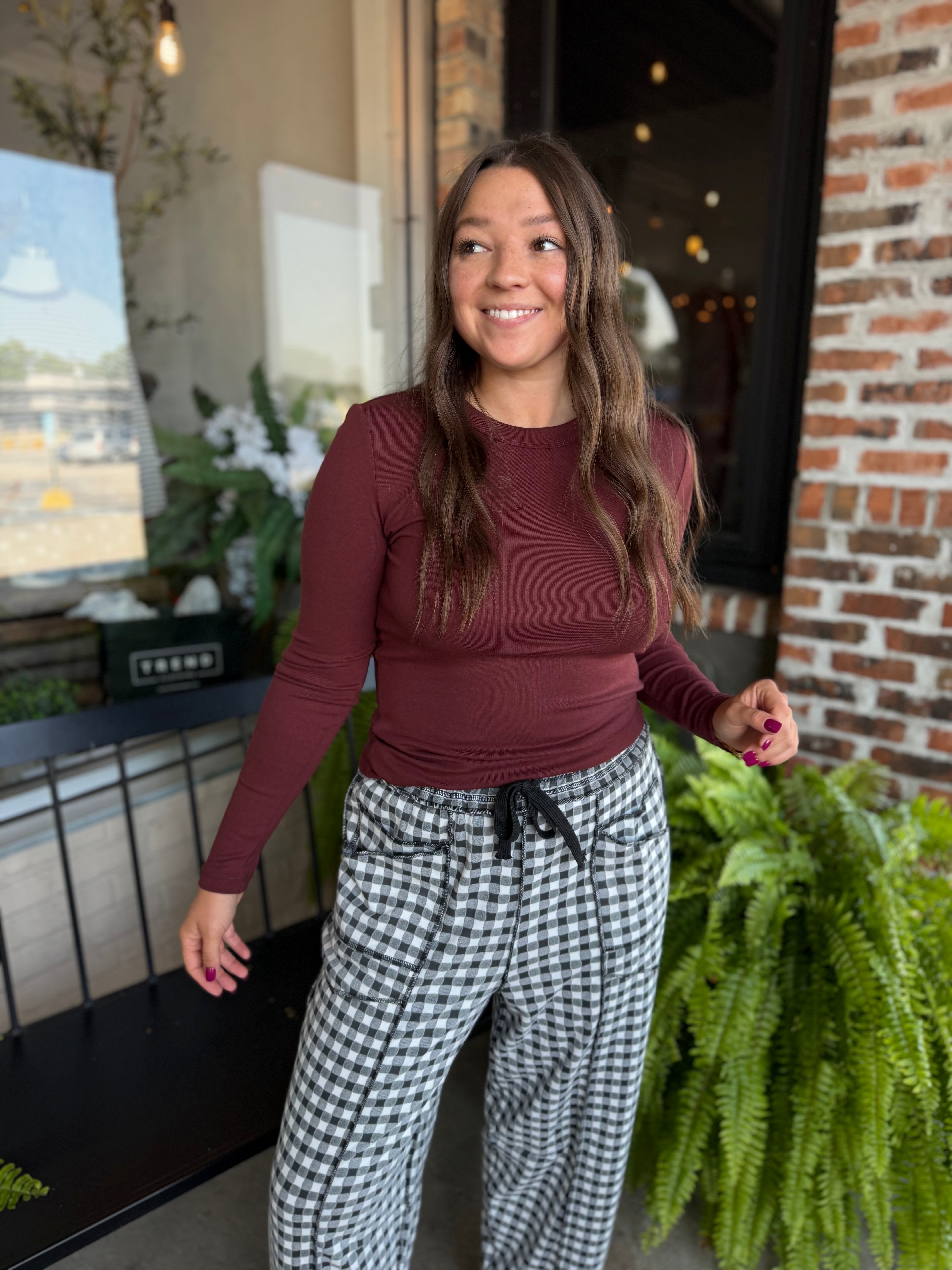 Wine Round Neck Long Sleeve Top