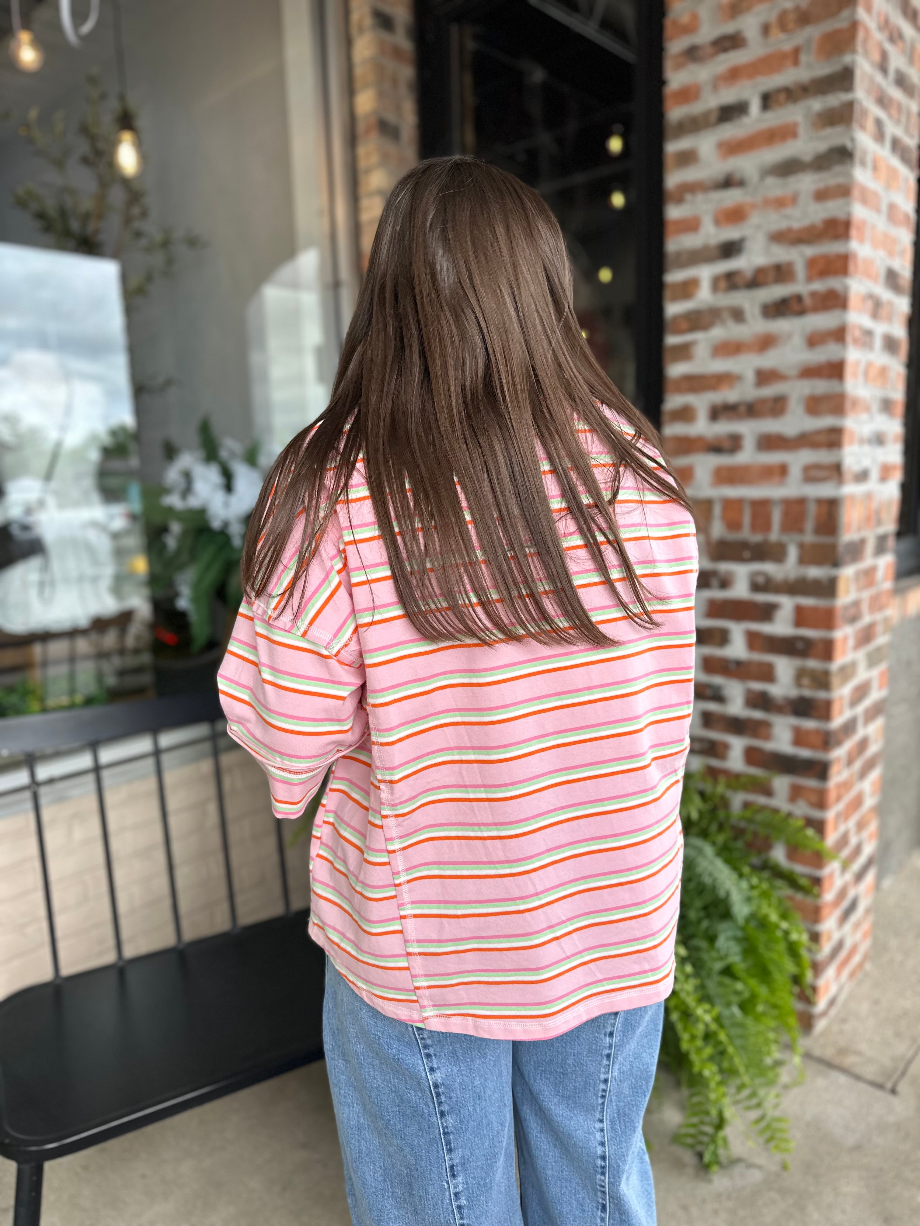 Pink Striped Oversized Short Sleeve Top