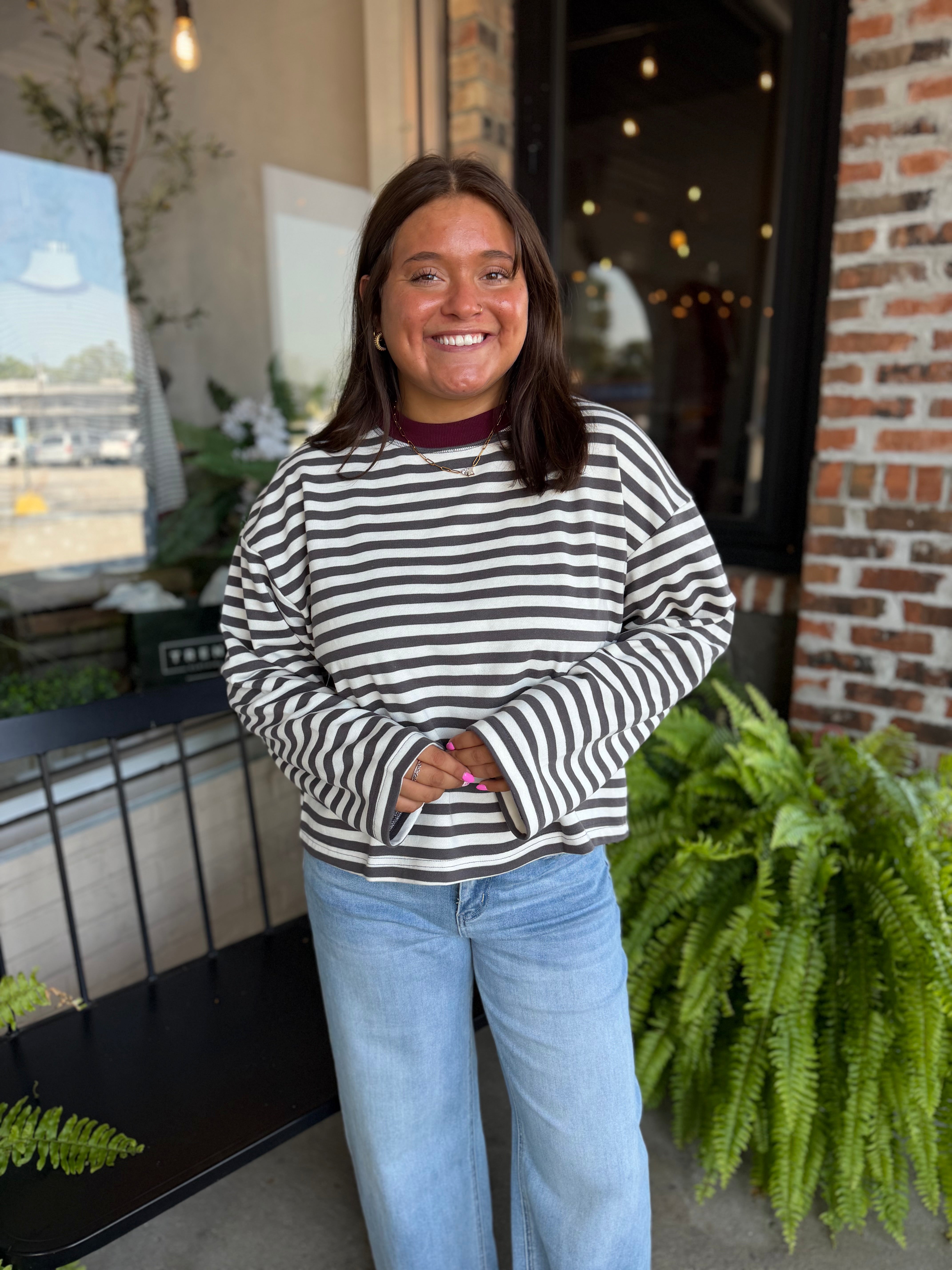 Charcoal Stripe Boxy Knit Long Sleeve
