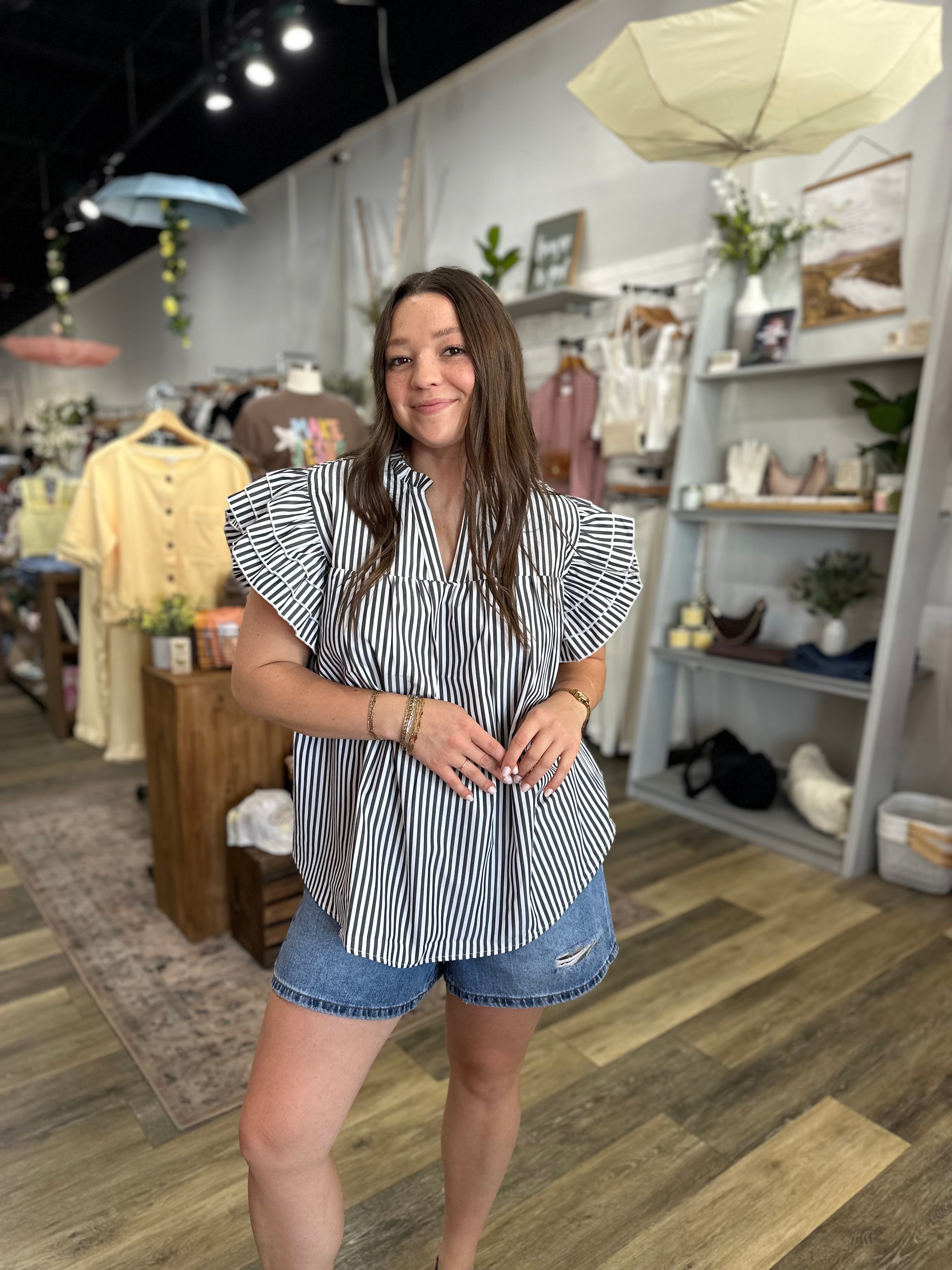 Black Striped Woven Ruffle Sleeve Babydoll Top