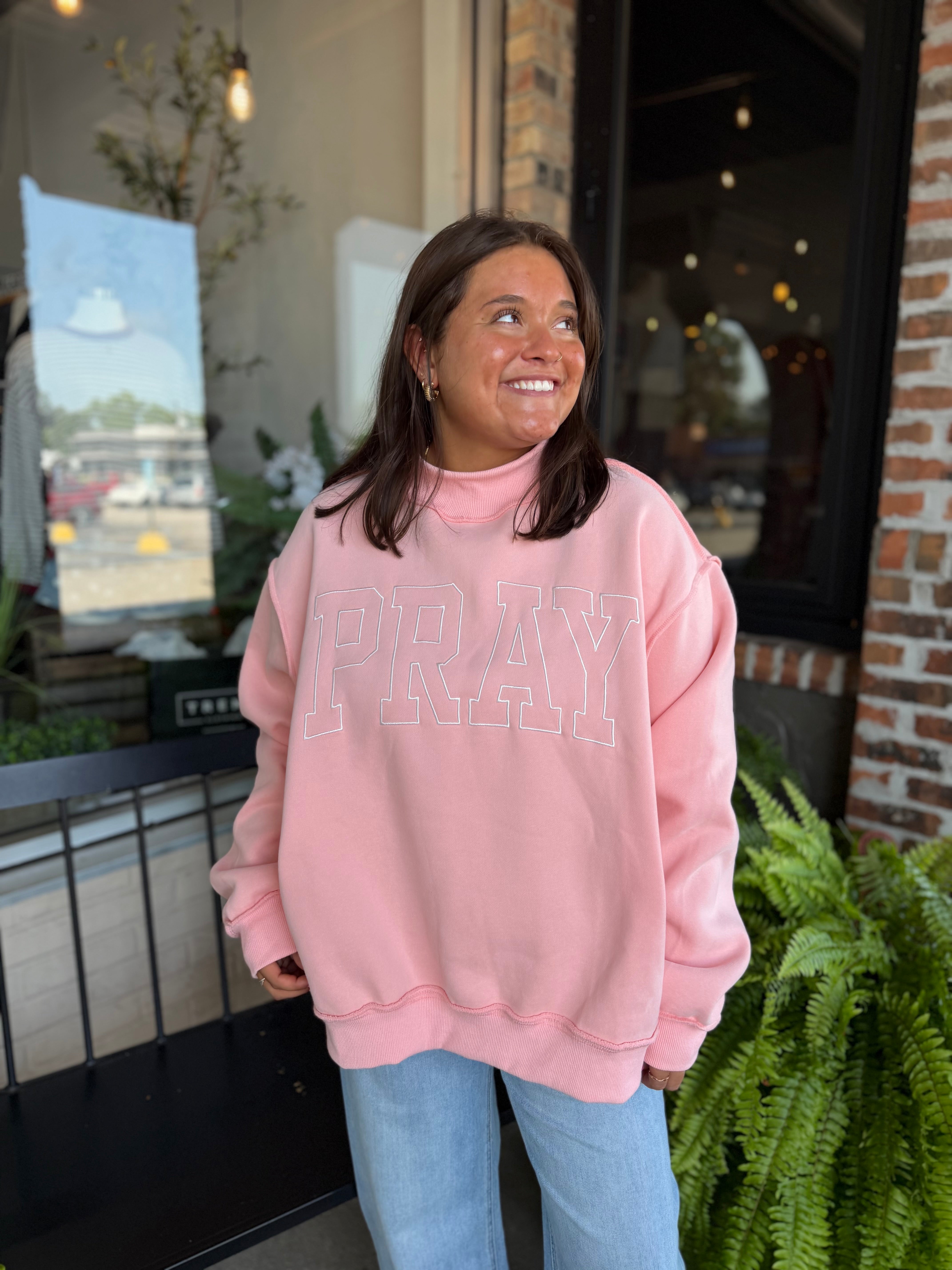 Pray Embroidered Mock Neck Sweatshirt