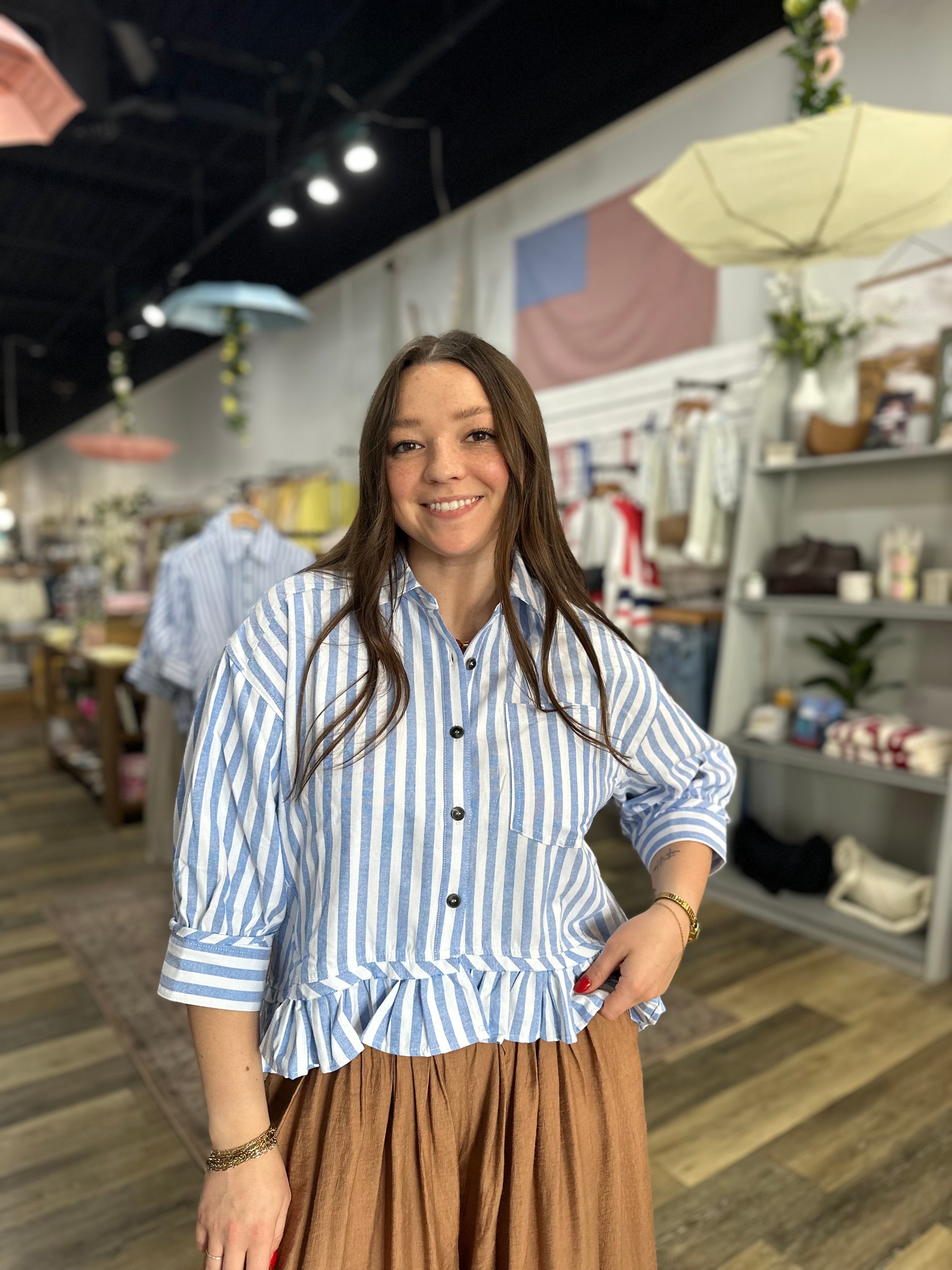 Blue Striped Ruffle Hem Button Down