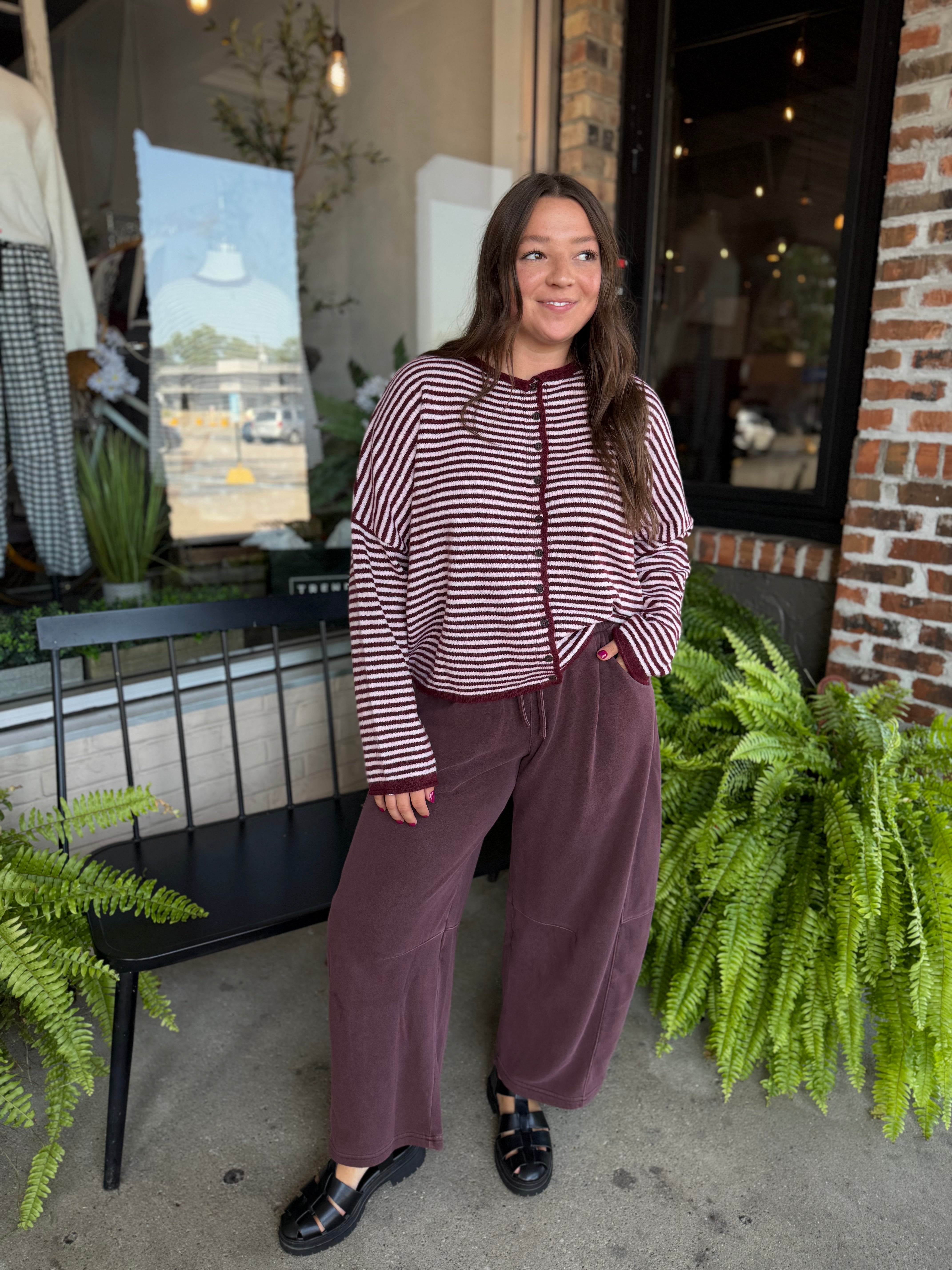 Burgundy Stripe Raw Edge Sweater