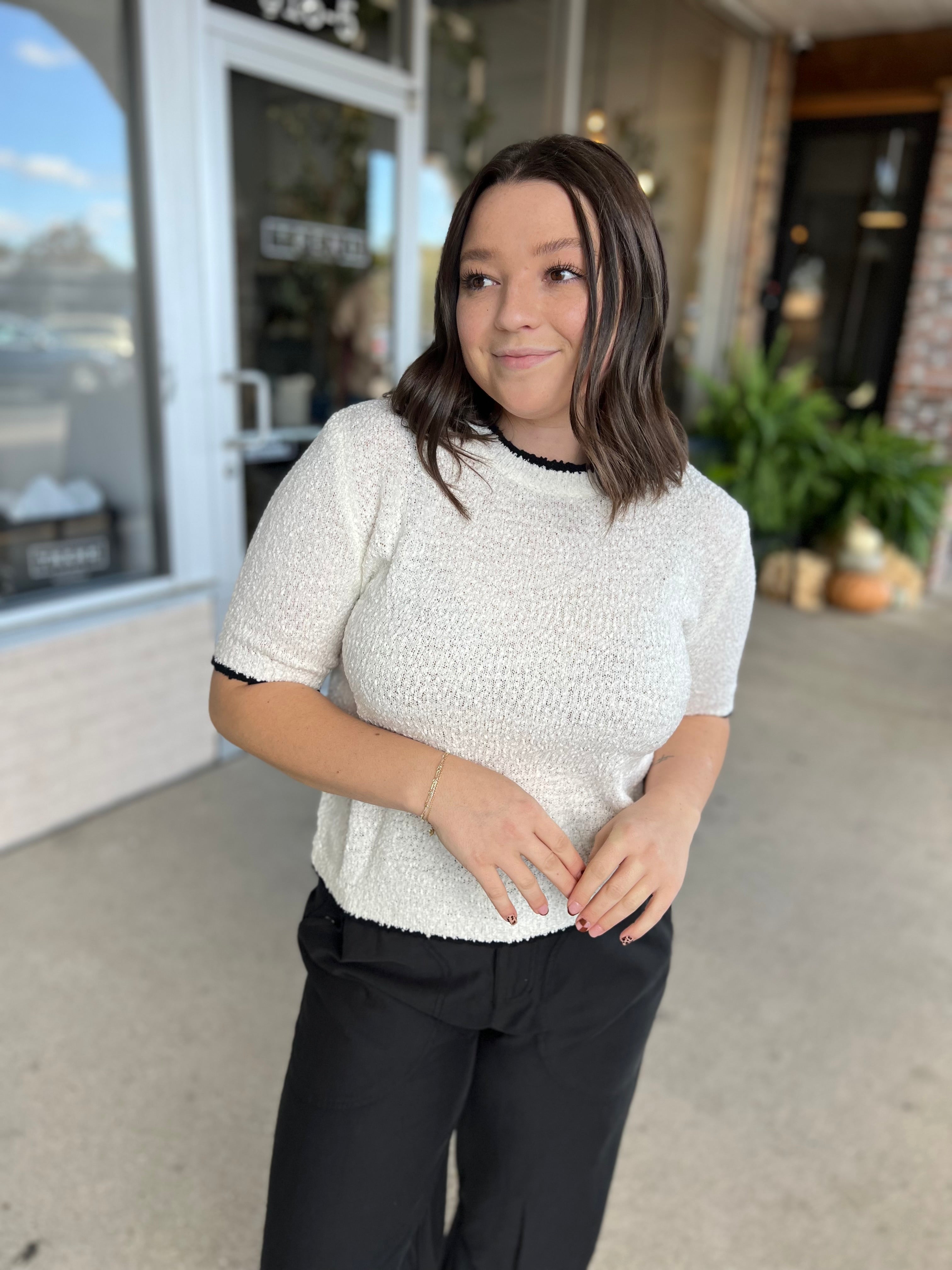 White Knit Top with Contrast Trim