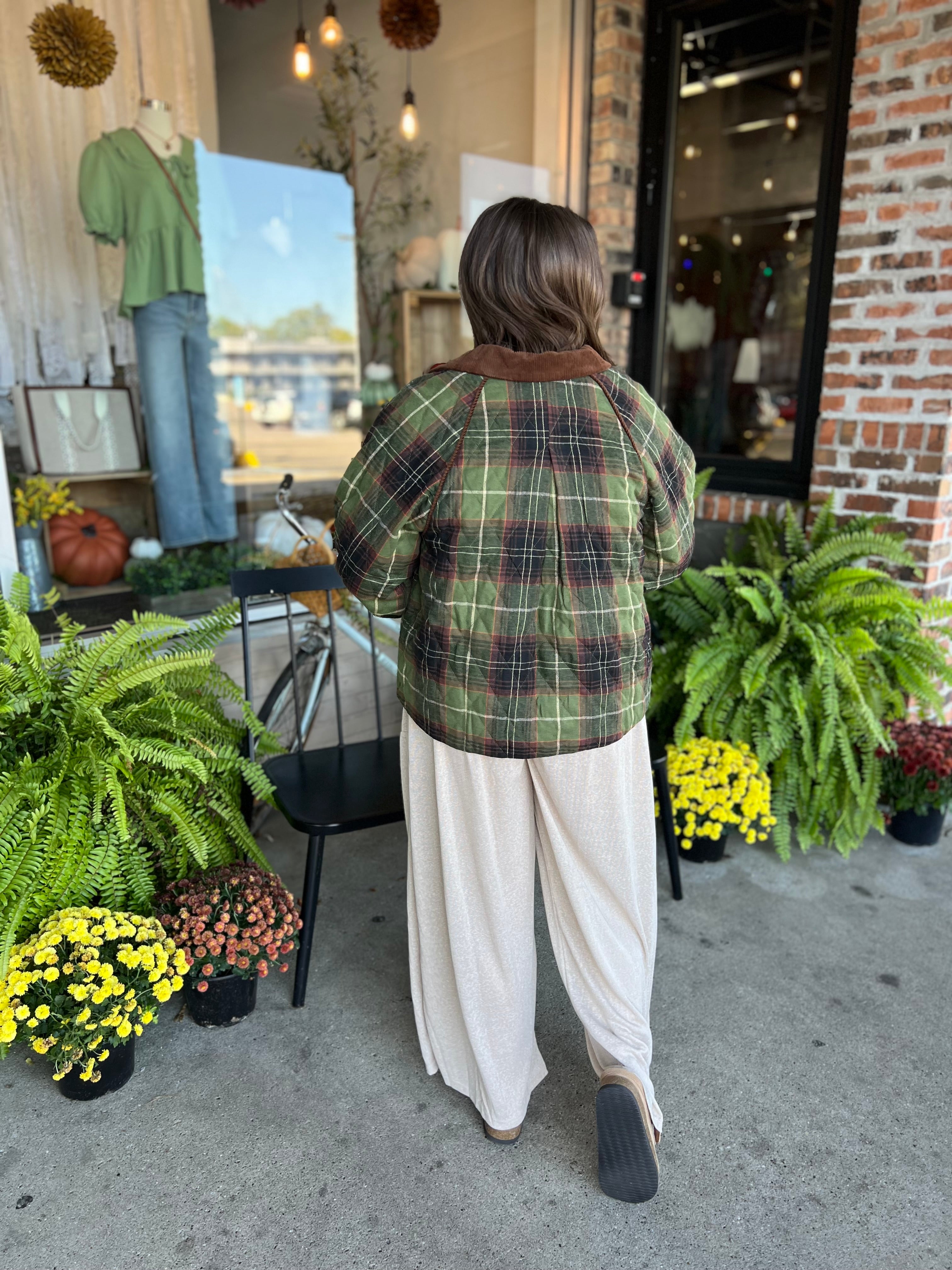 Olive Plaid Quilted Puffer