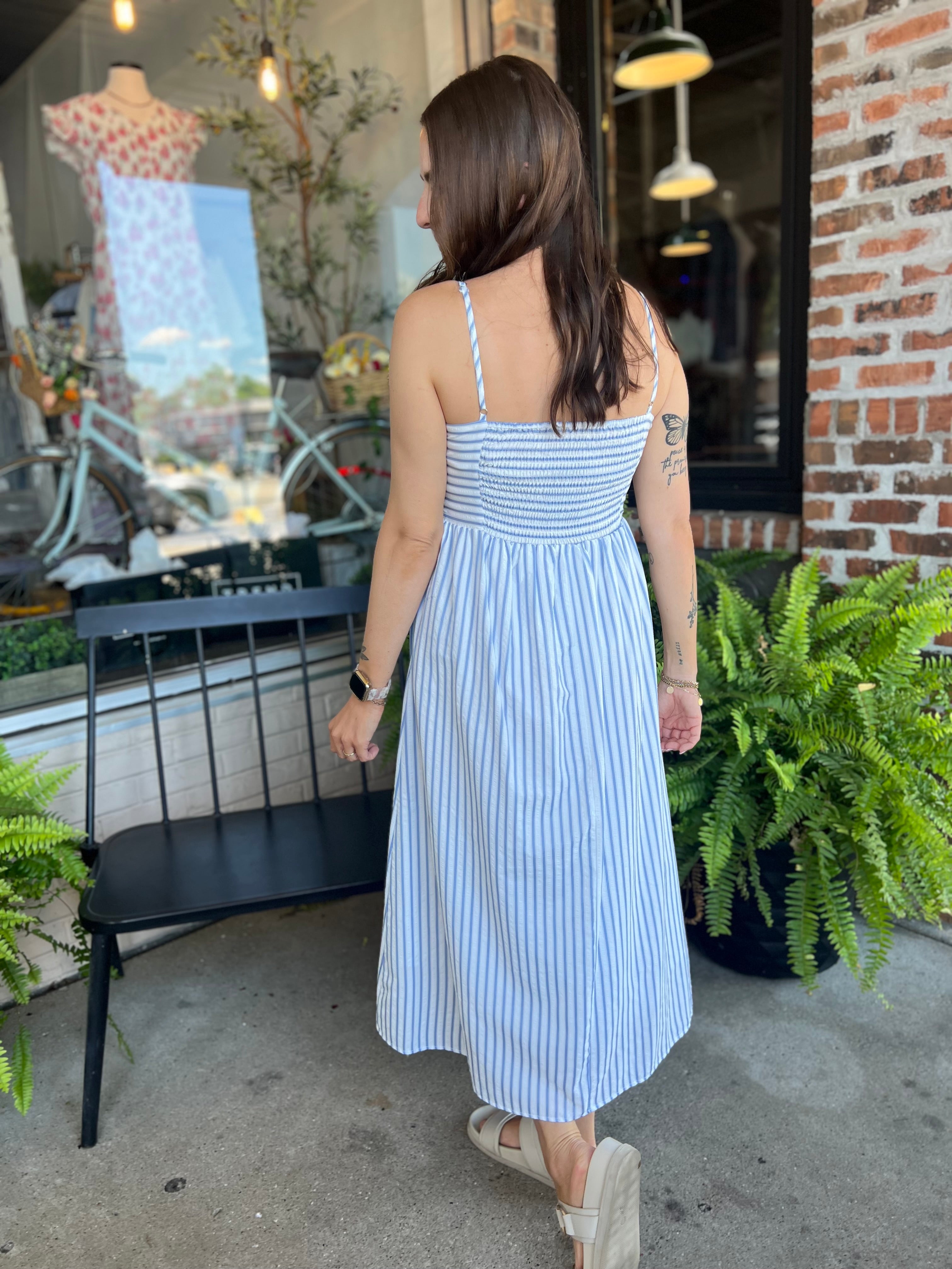 Blue Ruched Stripe Midi Dress